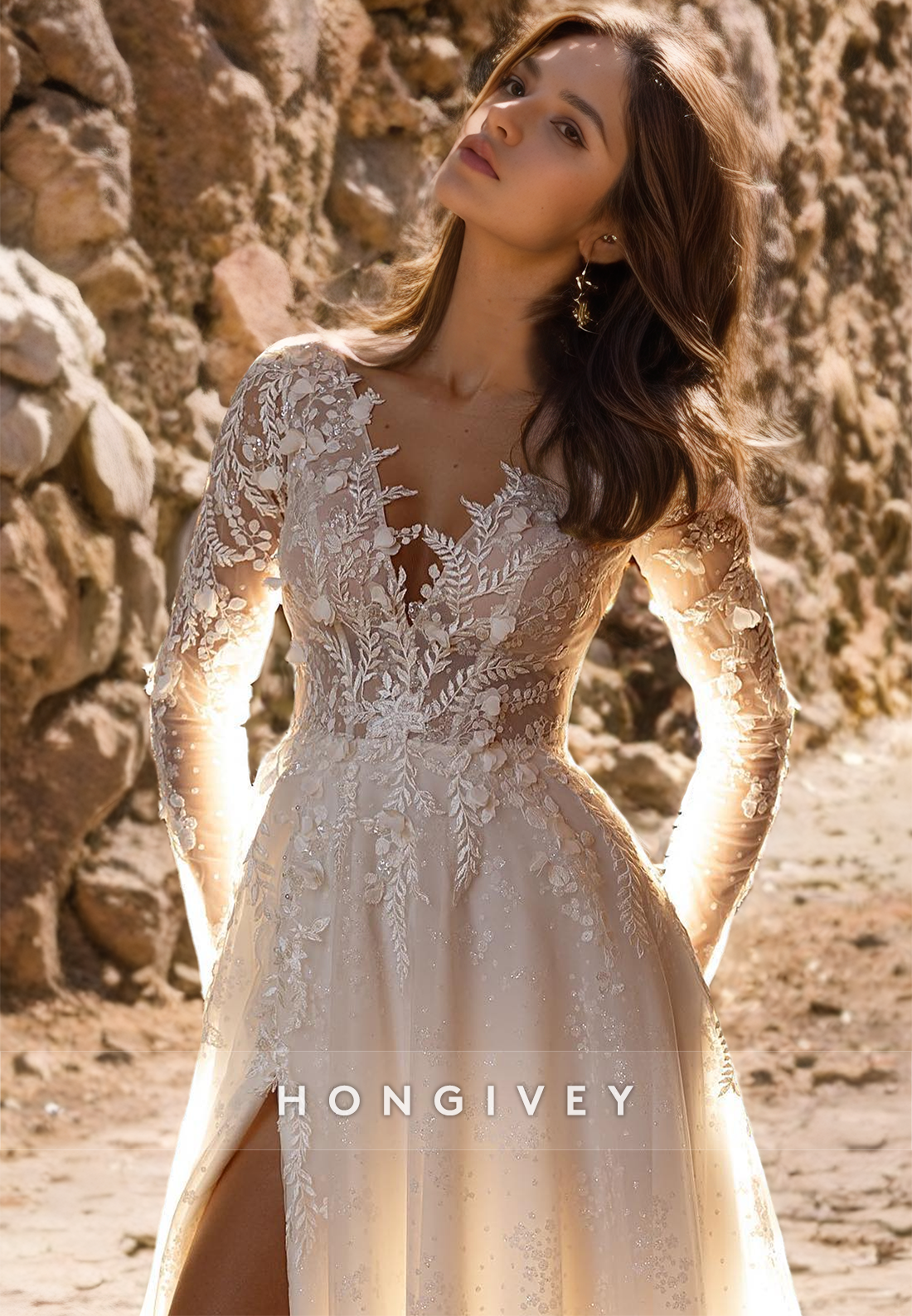 Elegant Vneck Long Sleeve Aline Appliques With Side Slit Wedding Dress