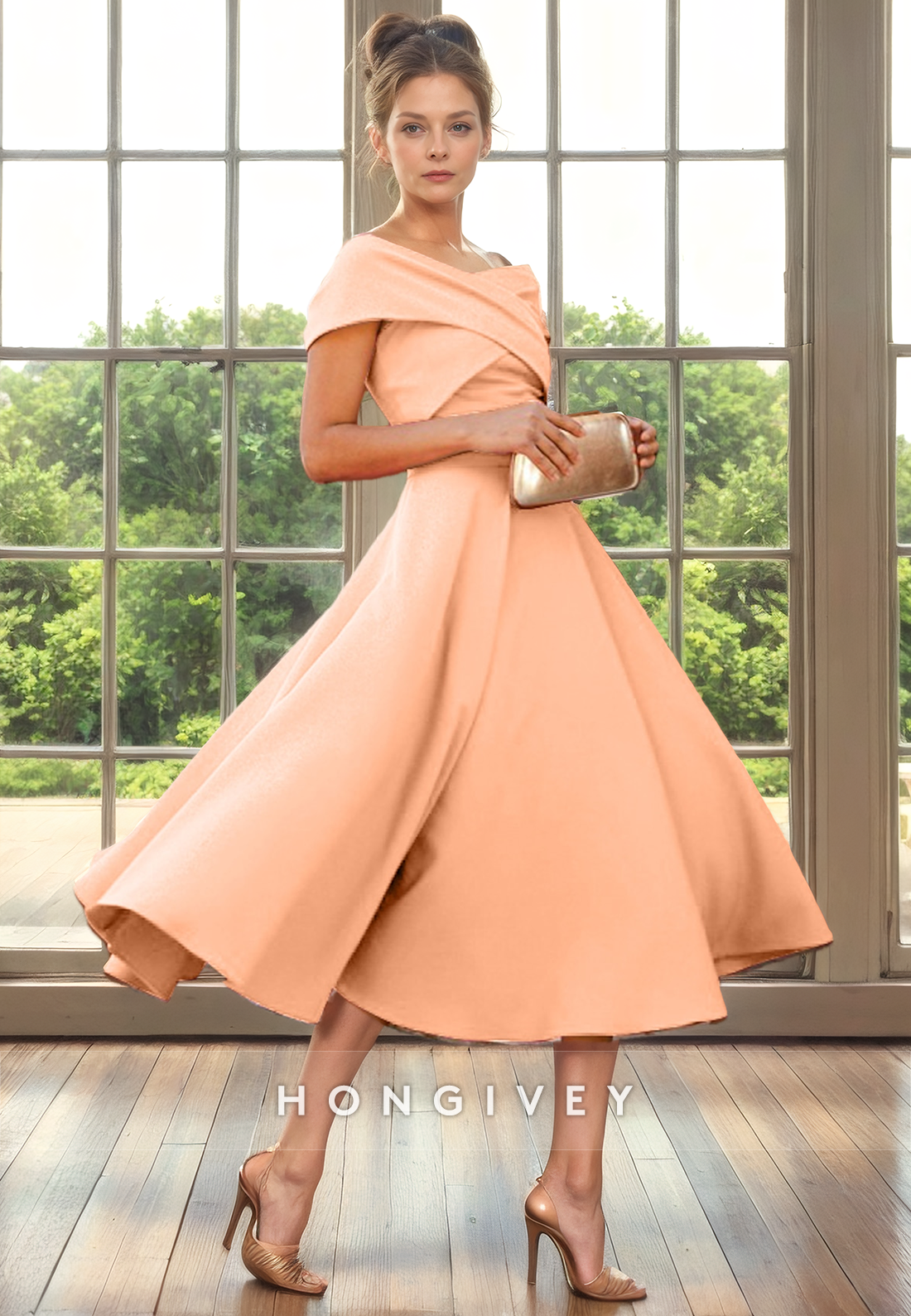 Aline Offshoulder Sleeveless Ruched Tealength Cocktail Evening Dress