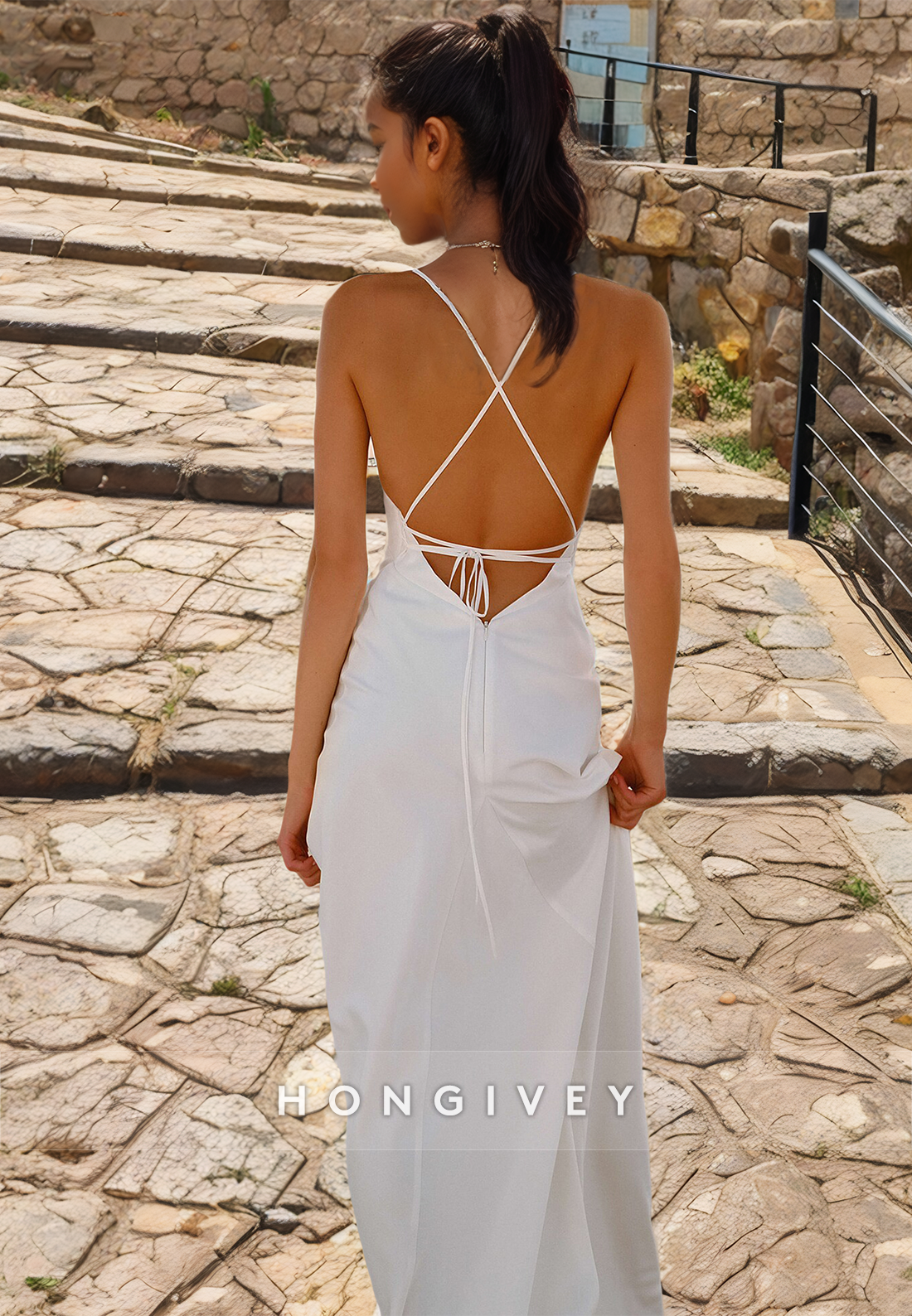 Casual Vneck Sleeveless Laceup Beach Wedding Dress