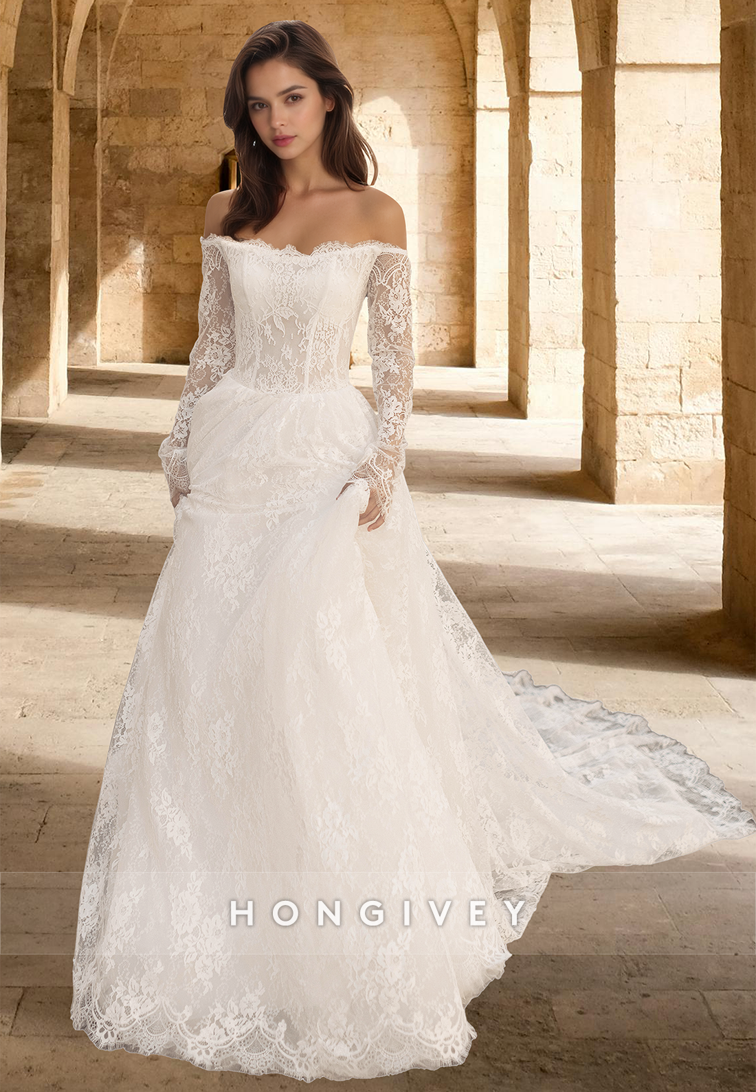 Full Lace Applique Long Sleeves Aline With Train Wedding Dress