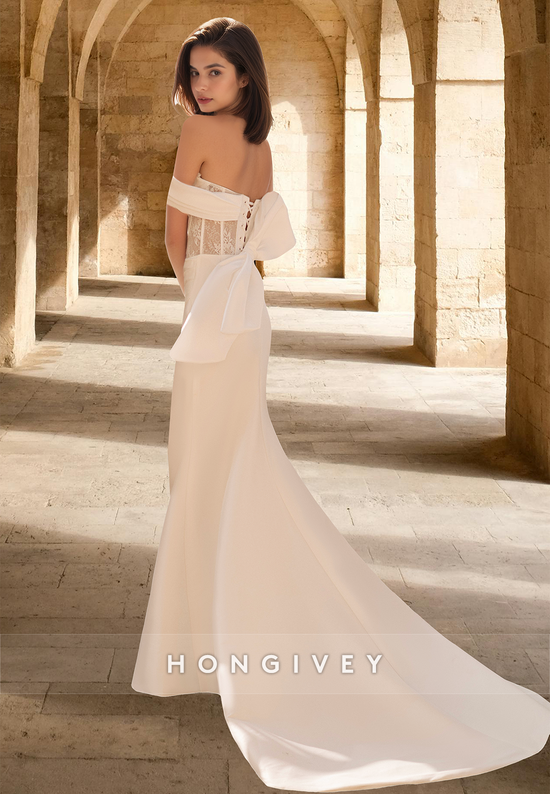 Applique Offshoulder Trumpet With Slit Satin Wedding Dress