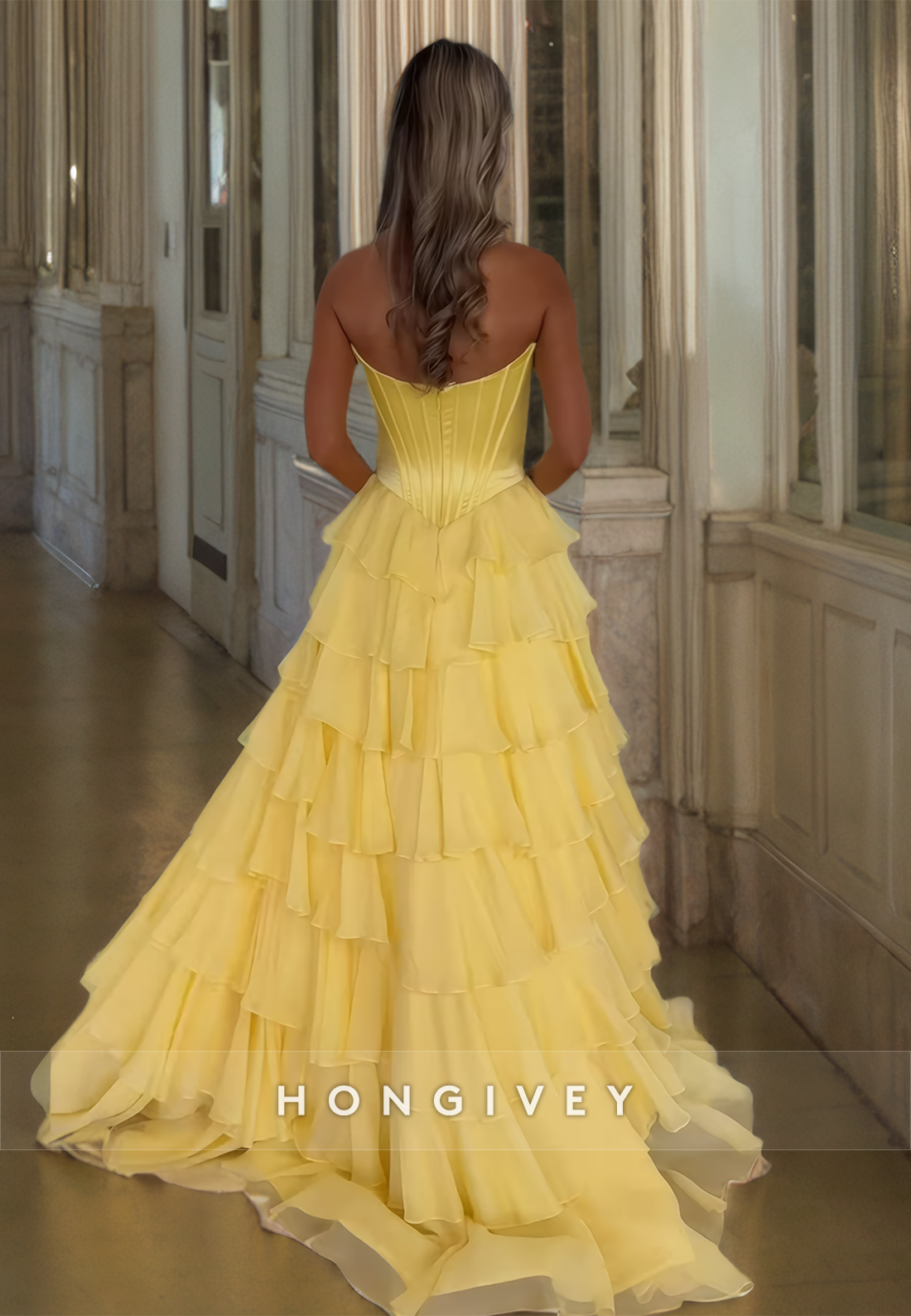 Yellow Floor Length Aline Organza Strapless Princess Ball Gown Prom Dress Quinceañera Dresses