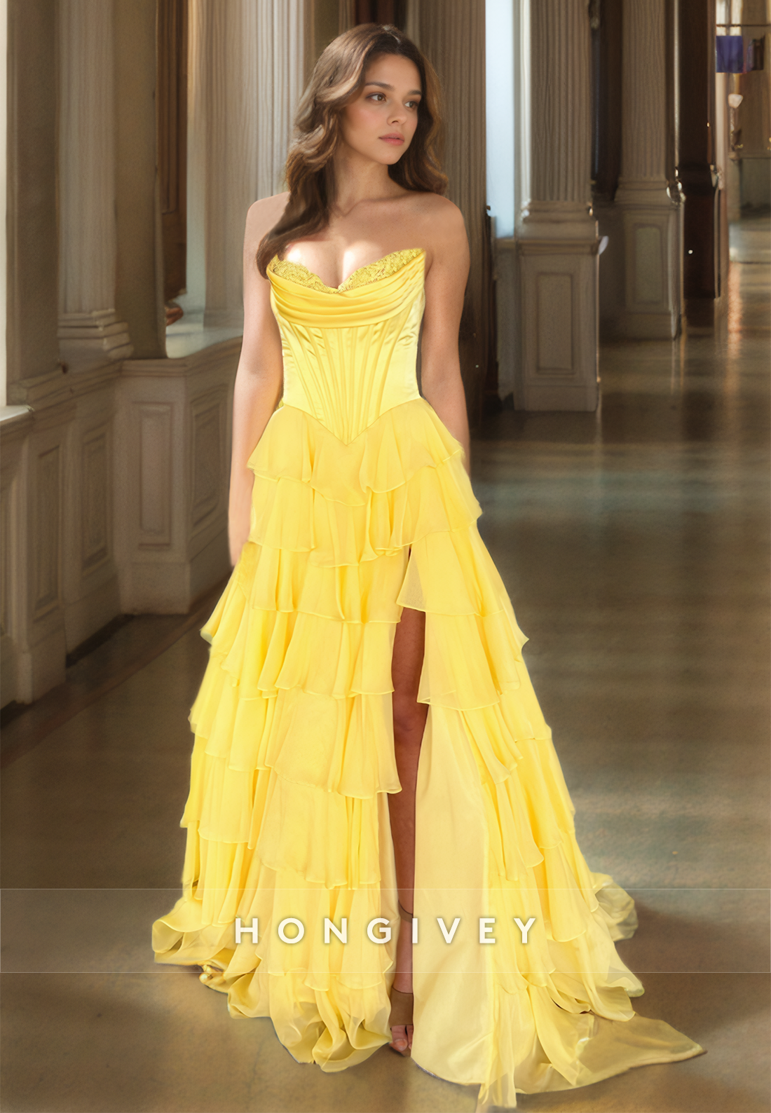 Yellow Floor Length Aline Organza Strapless Princess Ball Gown Prom Dress Quinceañera Dresses