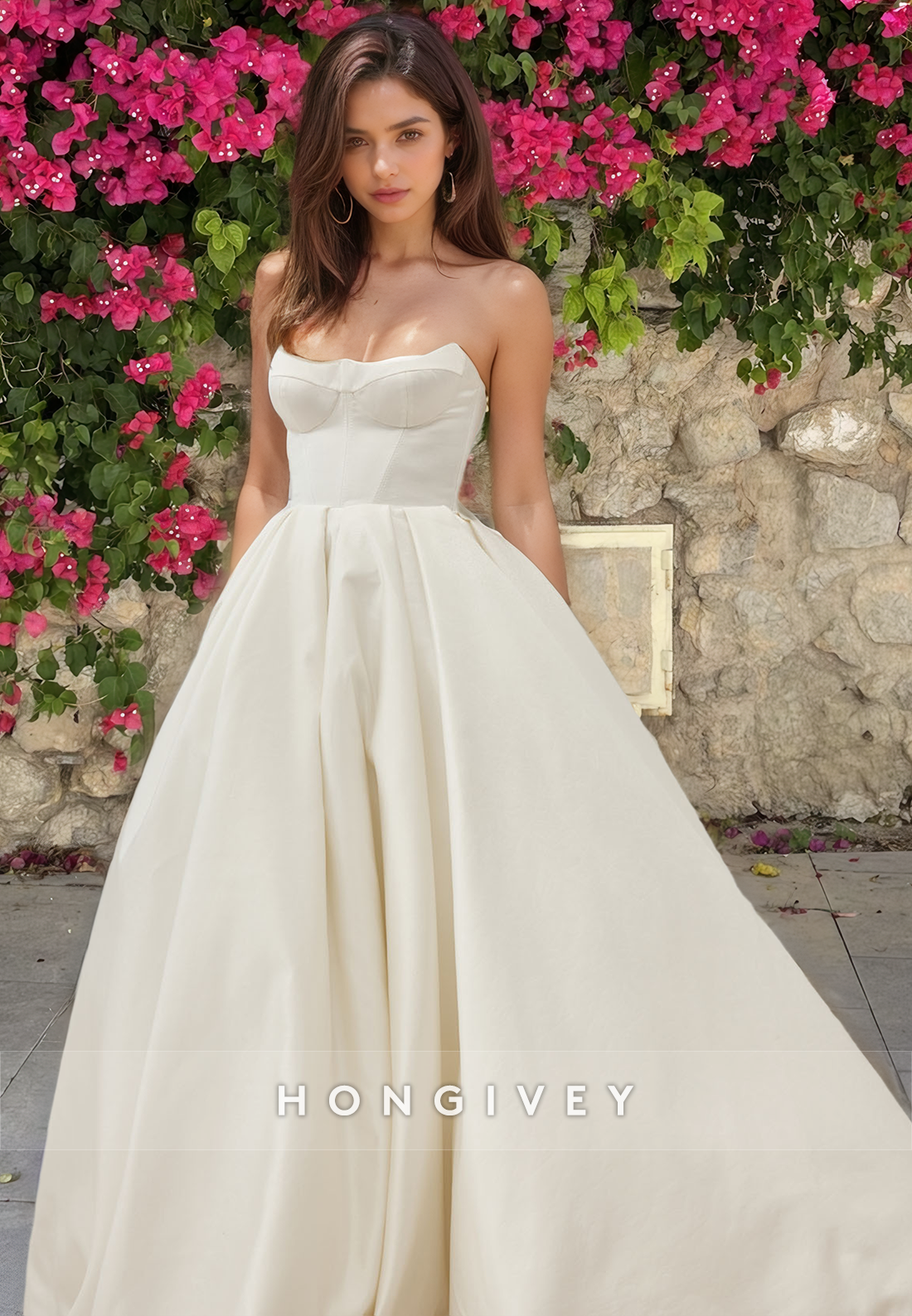 Satin Aline Strapless Sleeveless Long Beach Wedding Dress