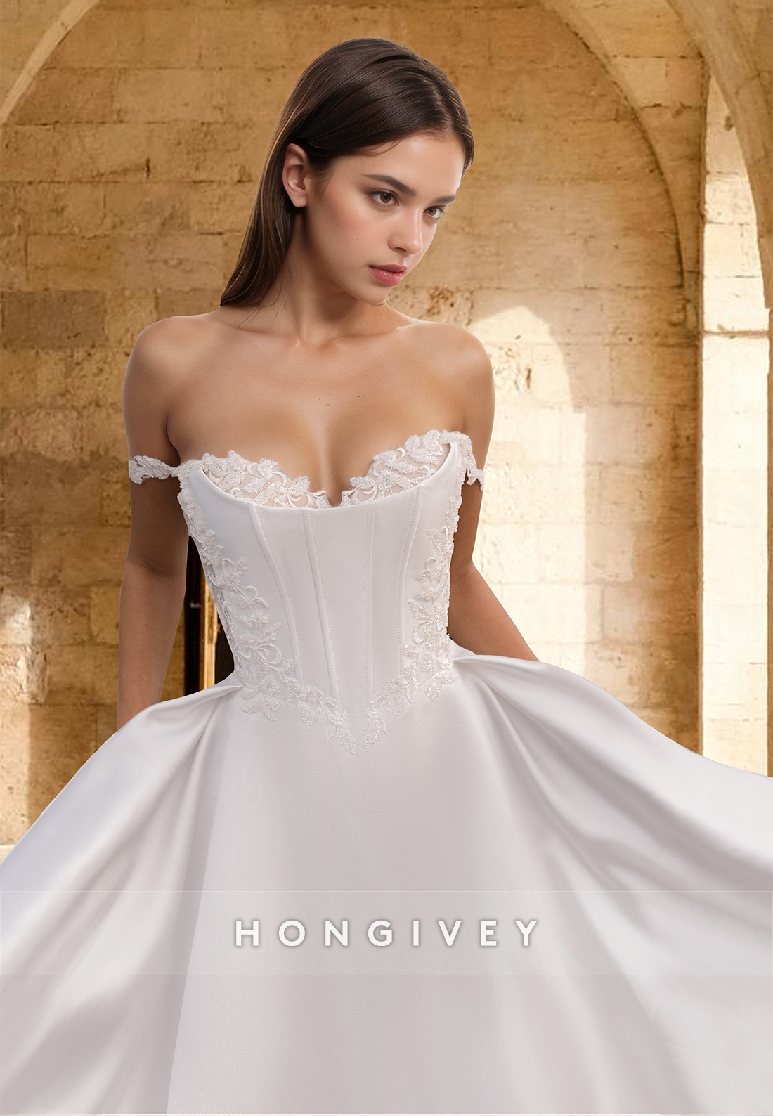 Chic Straps Applique Aline Satin With Train Wedding Dress Bride Gown