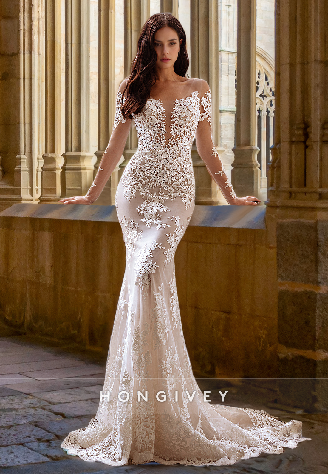 Sexy Sheer Lace Applique Sleeves Mermaid With Detachable Train Wedding Dress