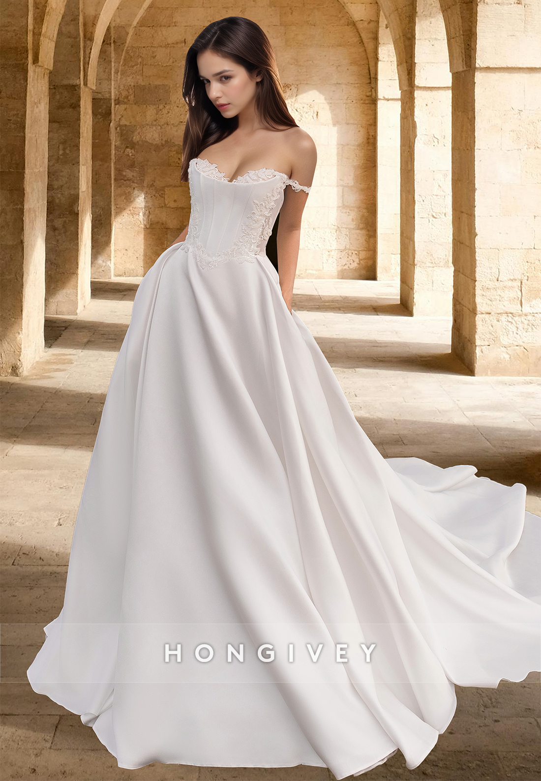 Chic Straps Applique Aline Satin With Train Wedding Dress Bride Gown