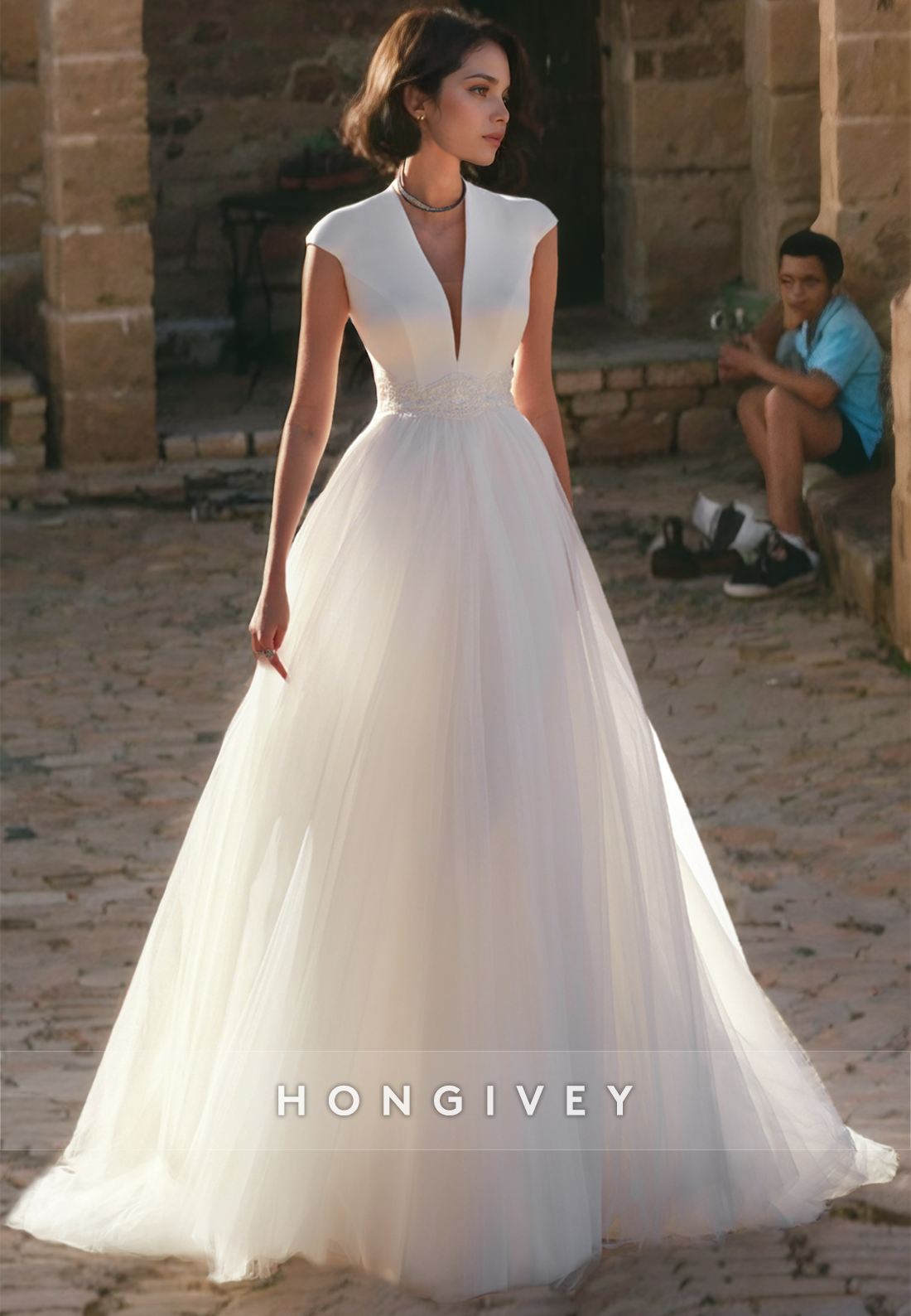 Aline Vneck Cap Sleeves Tulle Summer Beach Wedding Dress