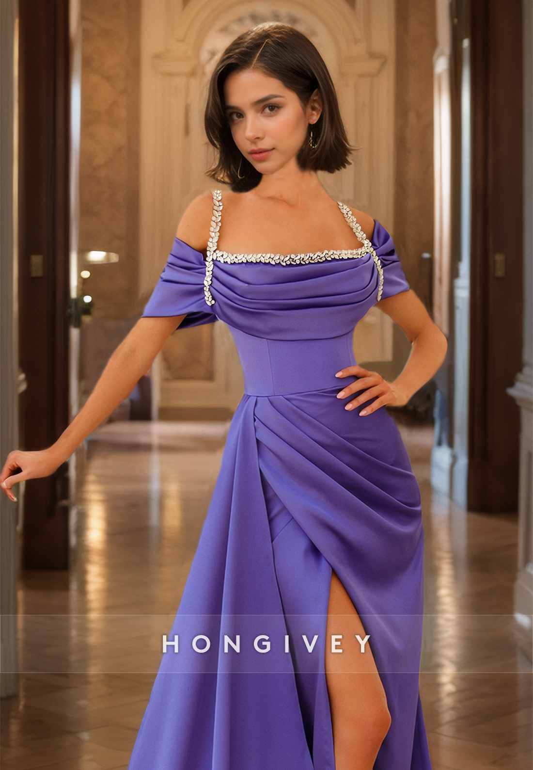 Elegant Offshoulder Satin Evening Dress Side Slit Long Formal Party Dress