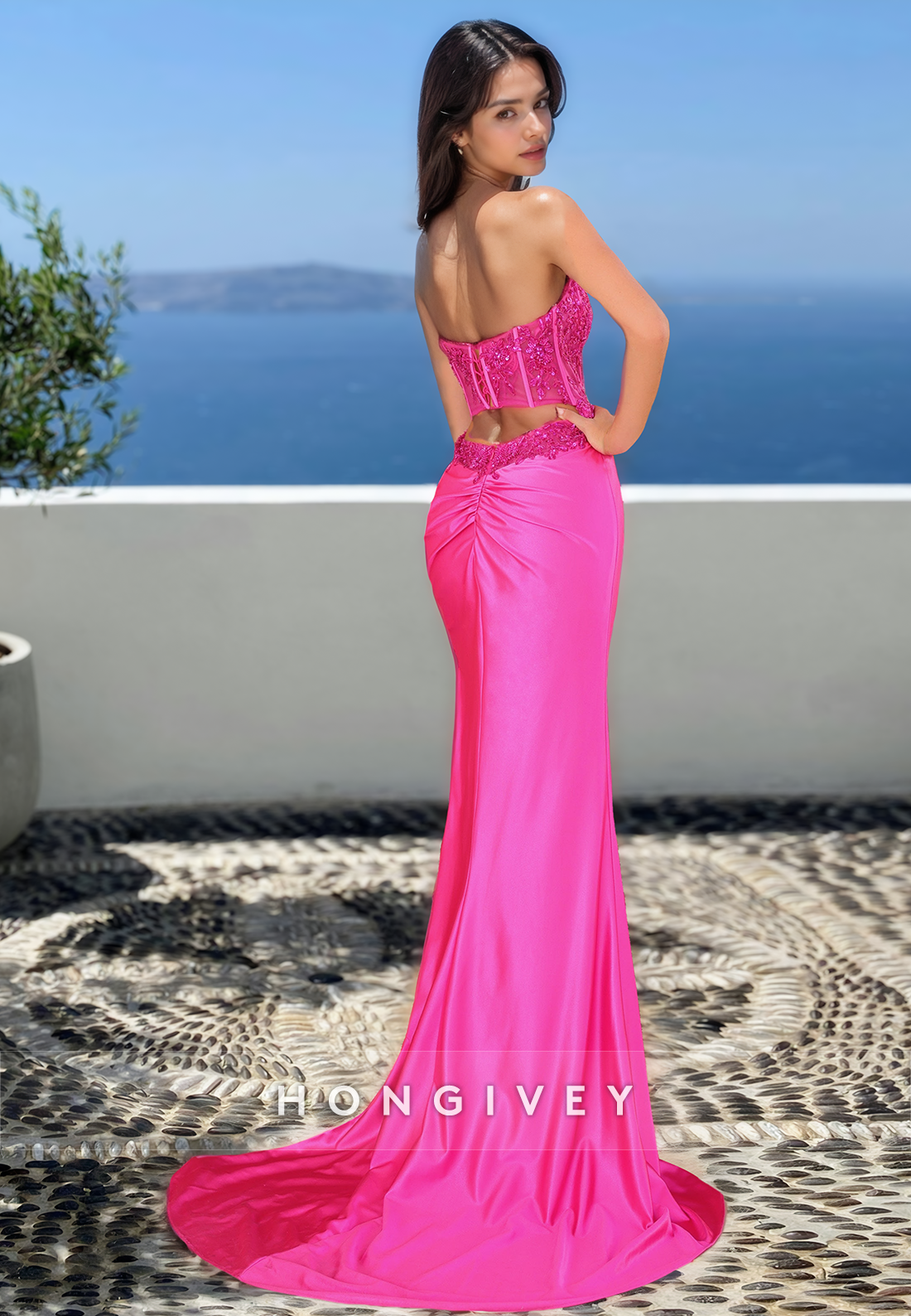 New Strapless Applique Evening Dress With Side Slit Floorlength Satin Prom Gown