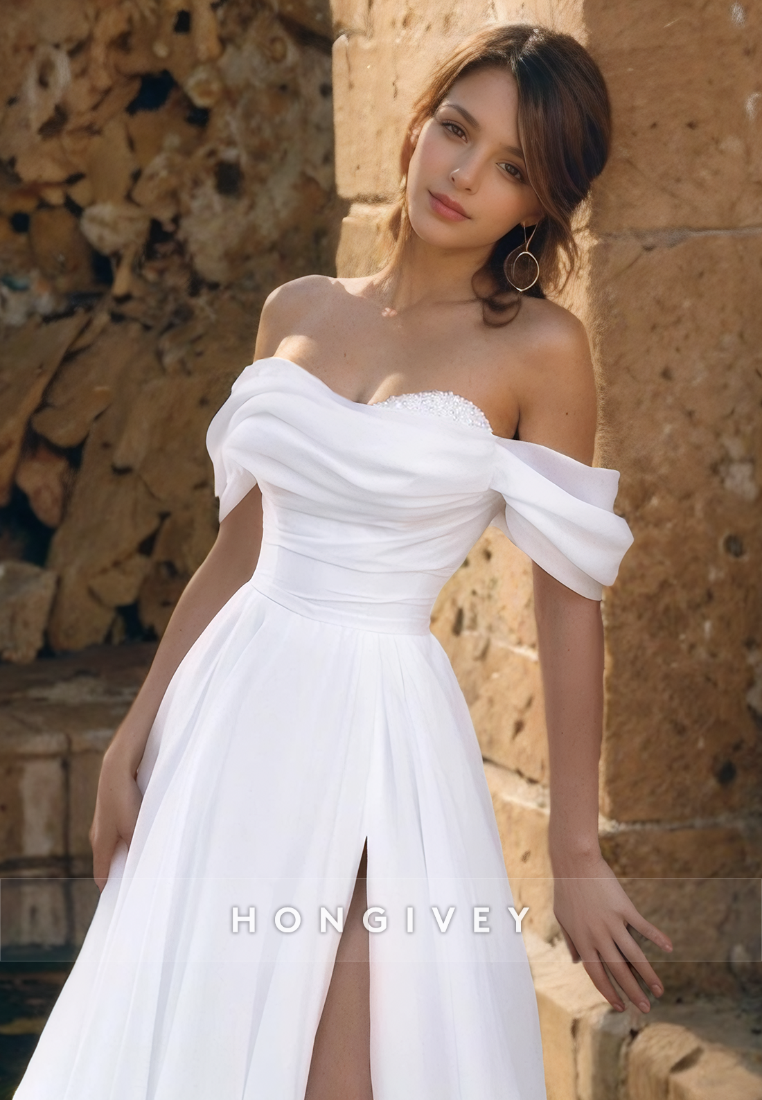 Offshoulder Tulle Aline Side Slit Wedding Dress With Train Bride Gown