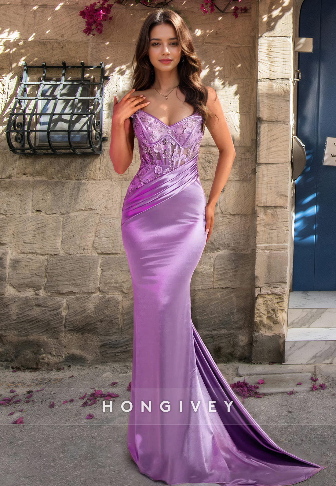 New Purple Mermaid Formal Evening Dress With Train Strapless Satin Prom Gown