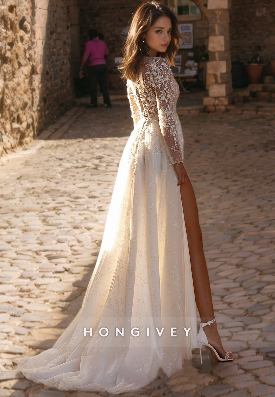 Elegant Vneck Long Sleeve Aline Appliques With Side Slit Wedding Dress