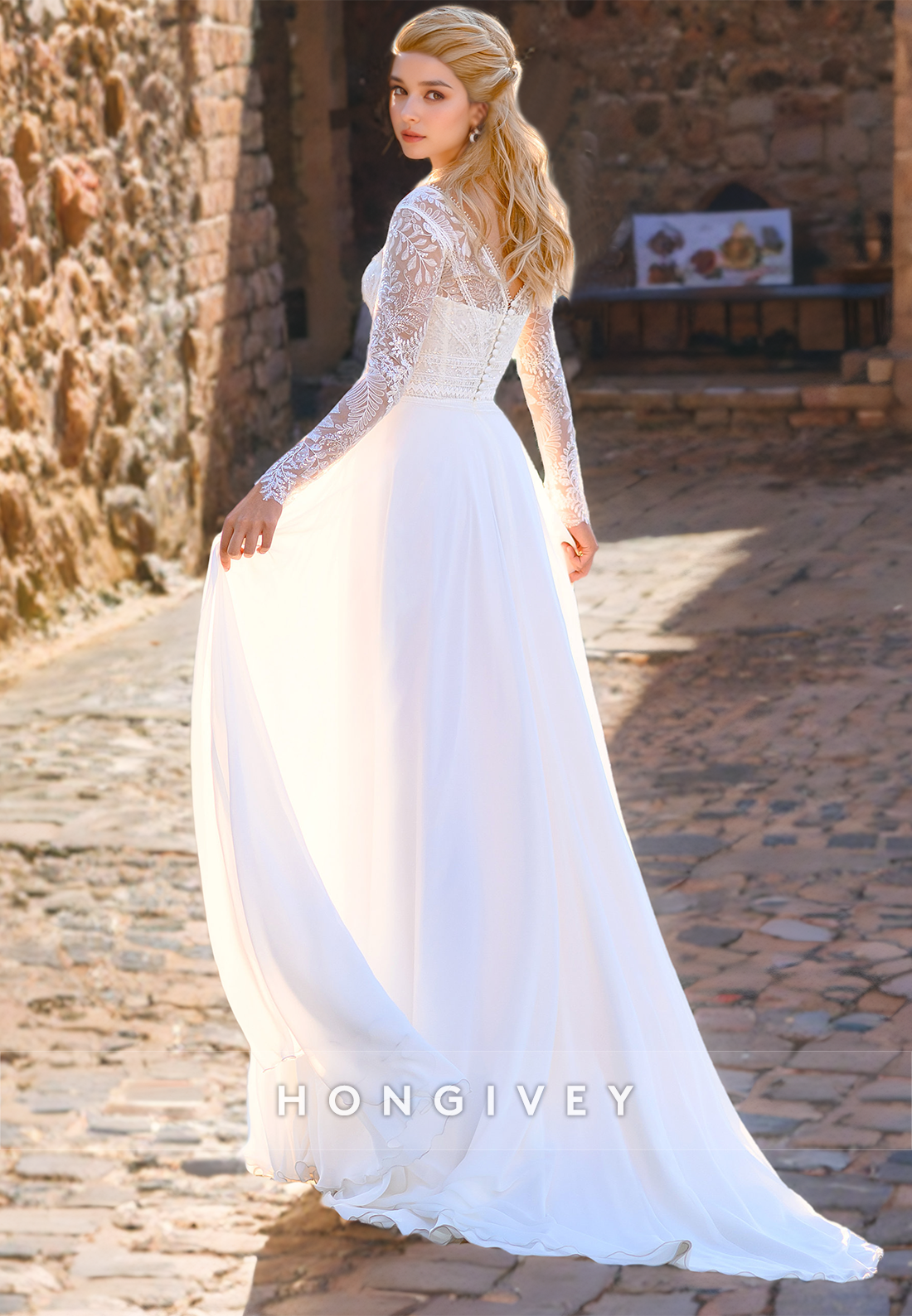 Elegant Aline Vneck Long Sleeve With Side Slit Boho Wedding Dress