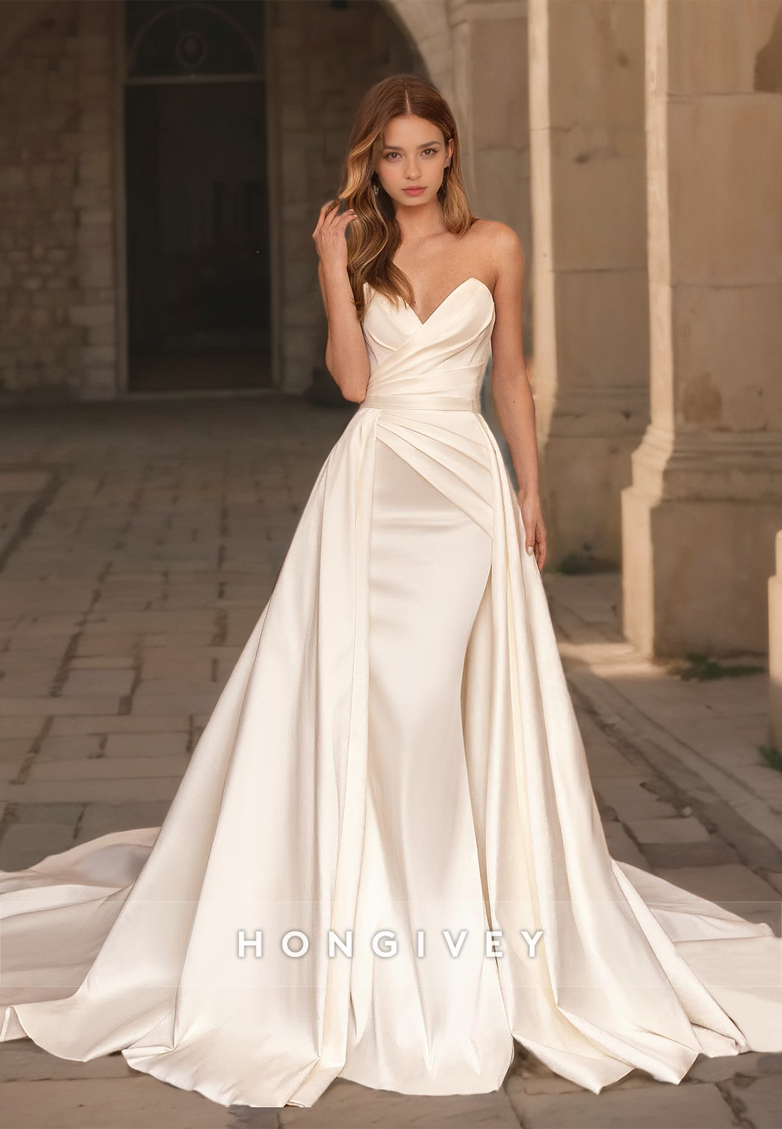 Sexy Satin Aline Sweetheart Sleeveless Empire Ruched With Overskirt Train Wedding Dress