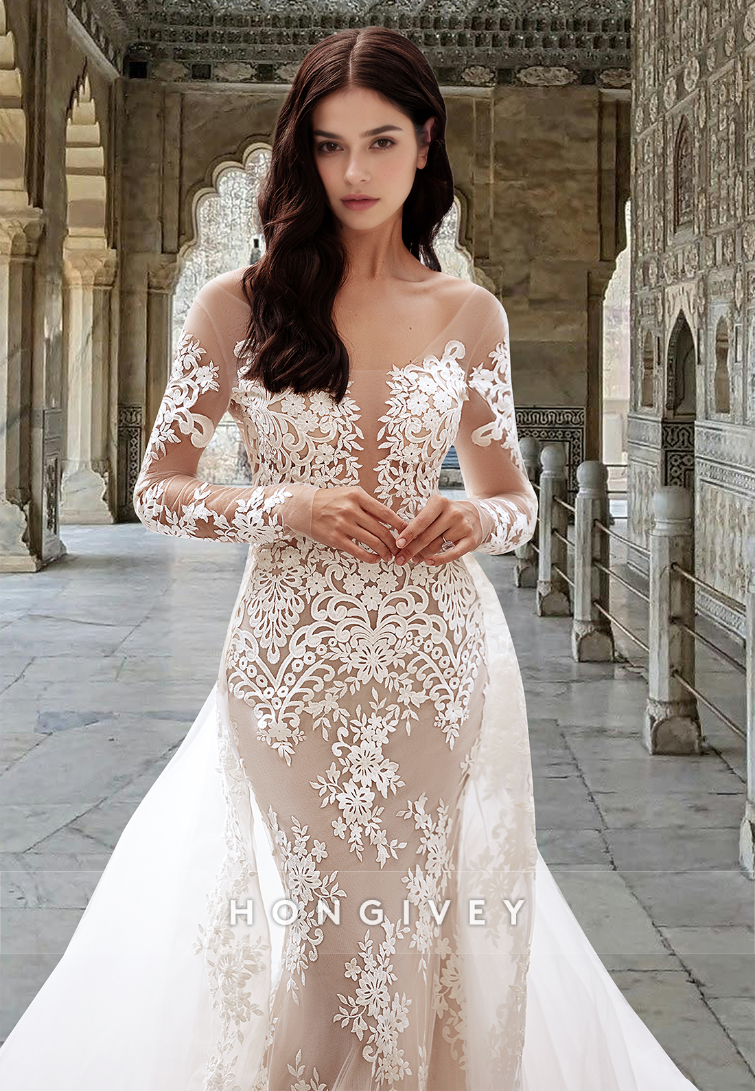 Sexy Sheer Lace Applique Sleeves Mermaid With Detachable Train Wedding Dress