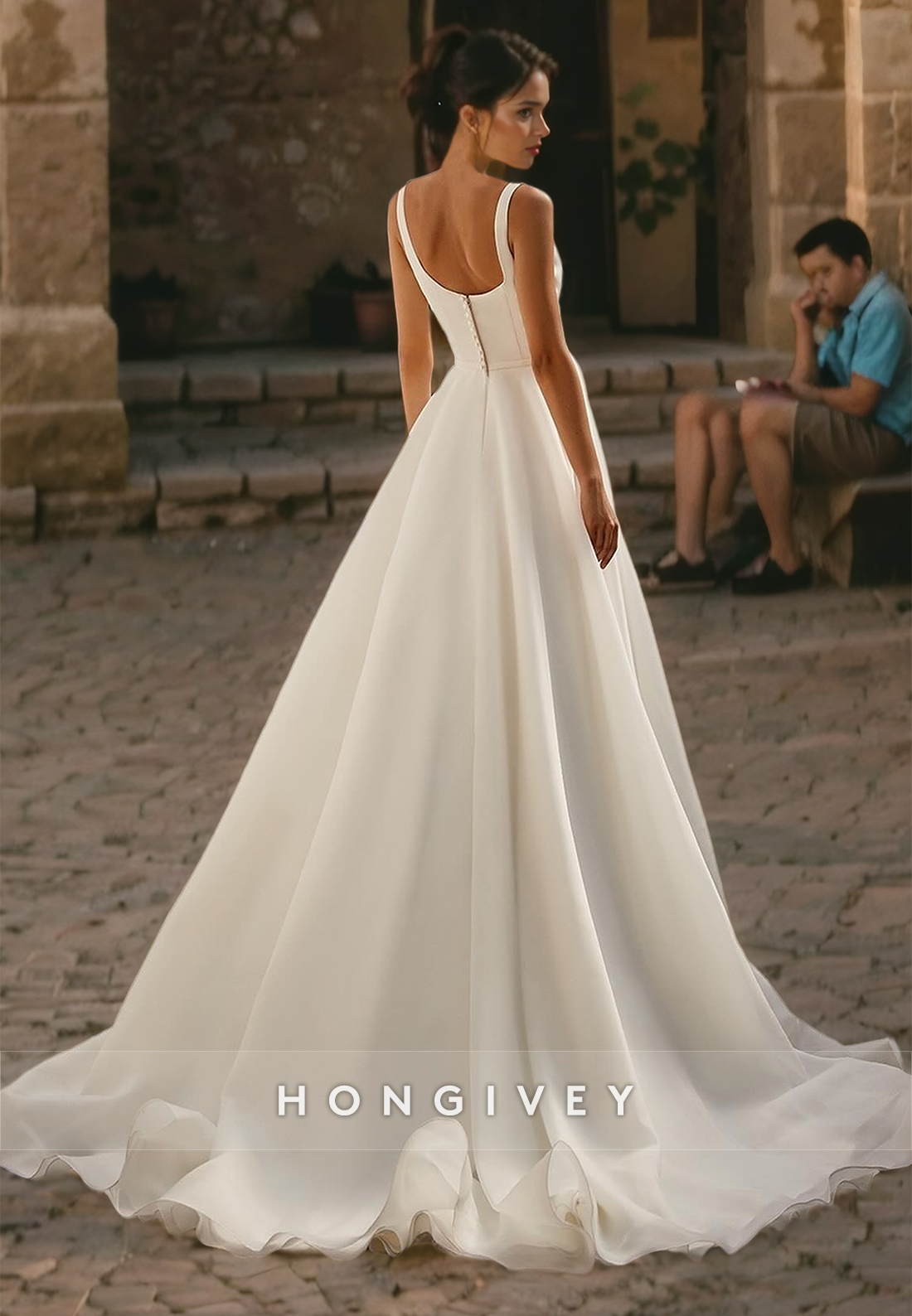 Square Aline Spaghetti Straps Chiffon Beach Wedding Dress