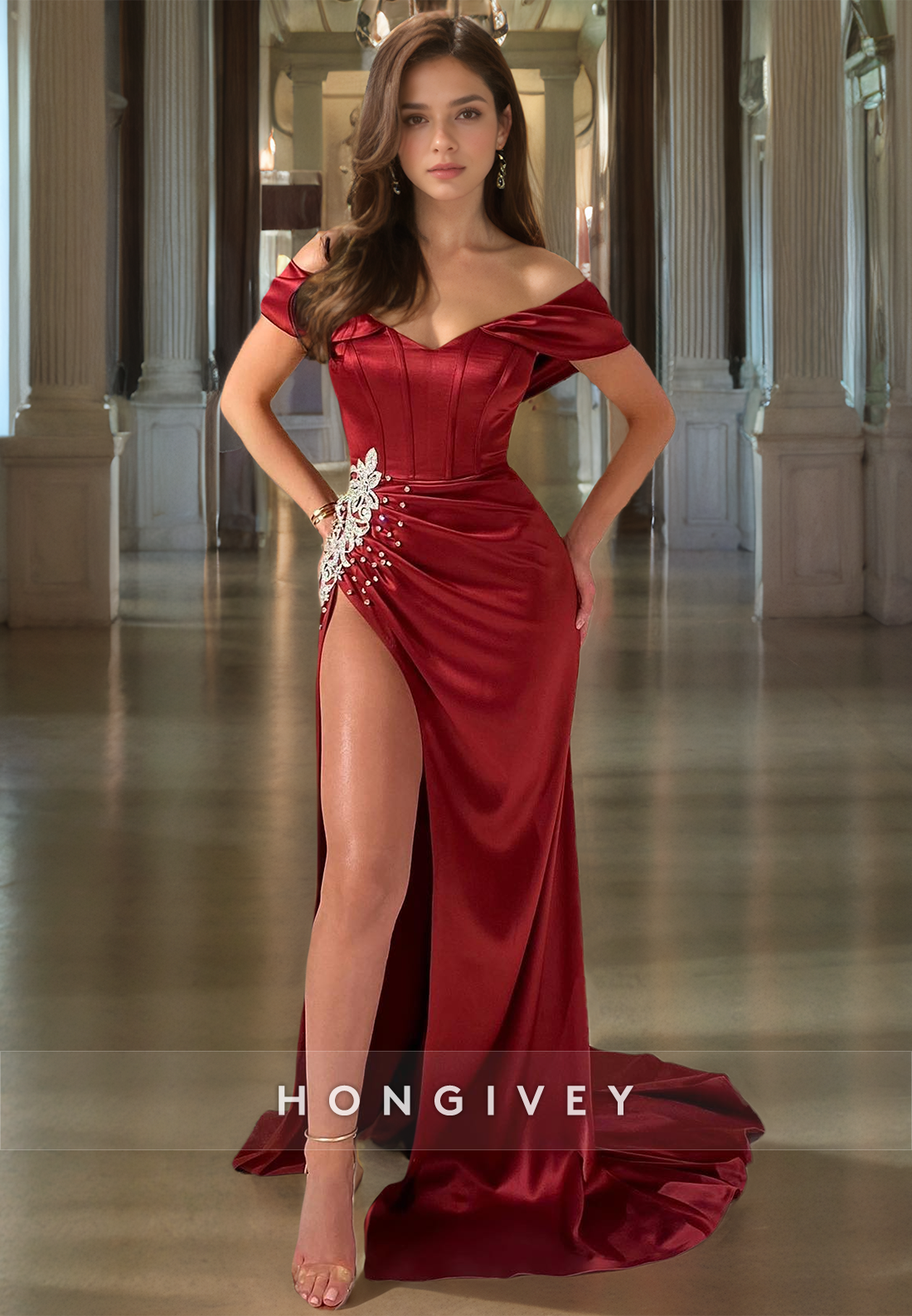 Elegant Burgundy Satin Off Shoulder Party Dress Appliqued Floor Length Prom Dress