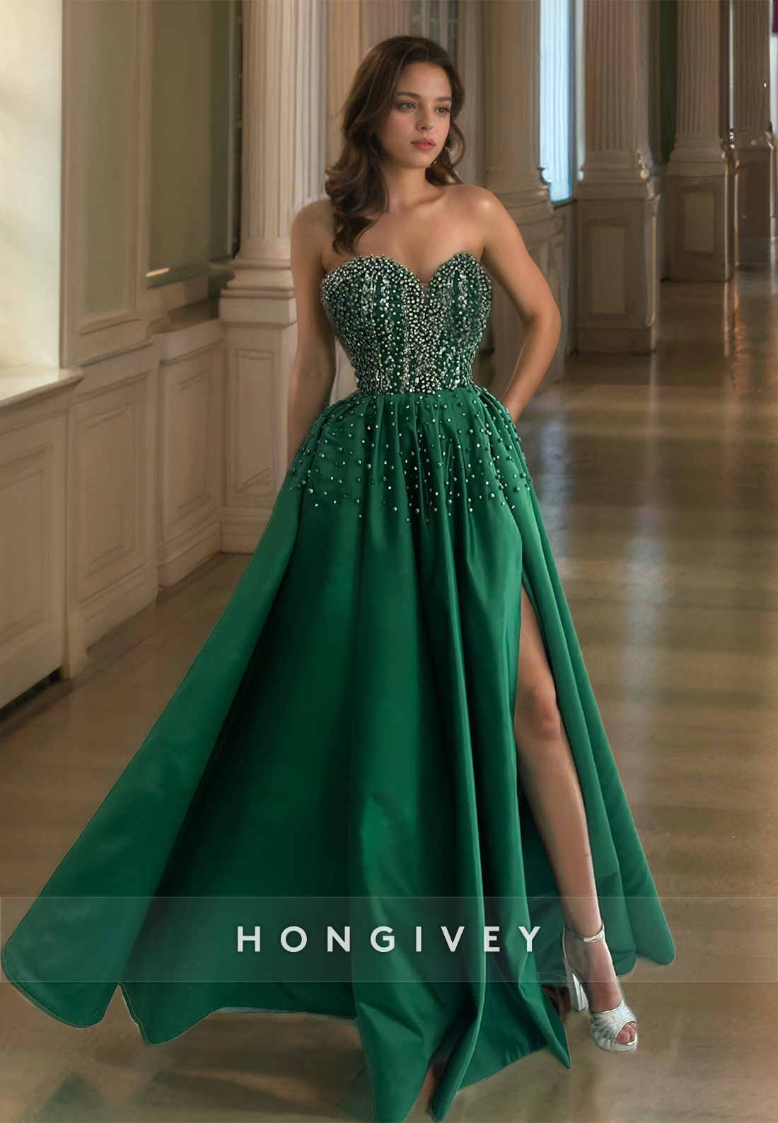 Elegant Dark Green Beaded Long Formal Evening Dress Strapless Satin Aline Prom Gown