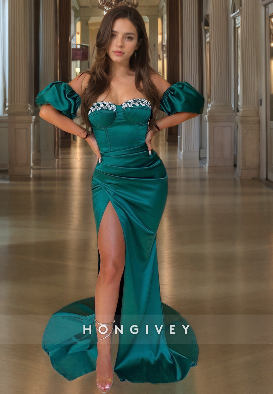 Sweetheart Dark Green Floor Length Party Dress Offshoulder Party Dress With High Slit