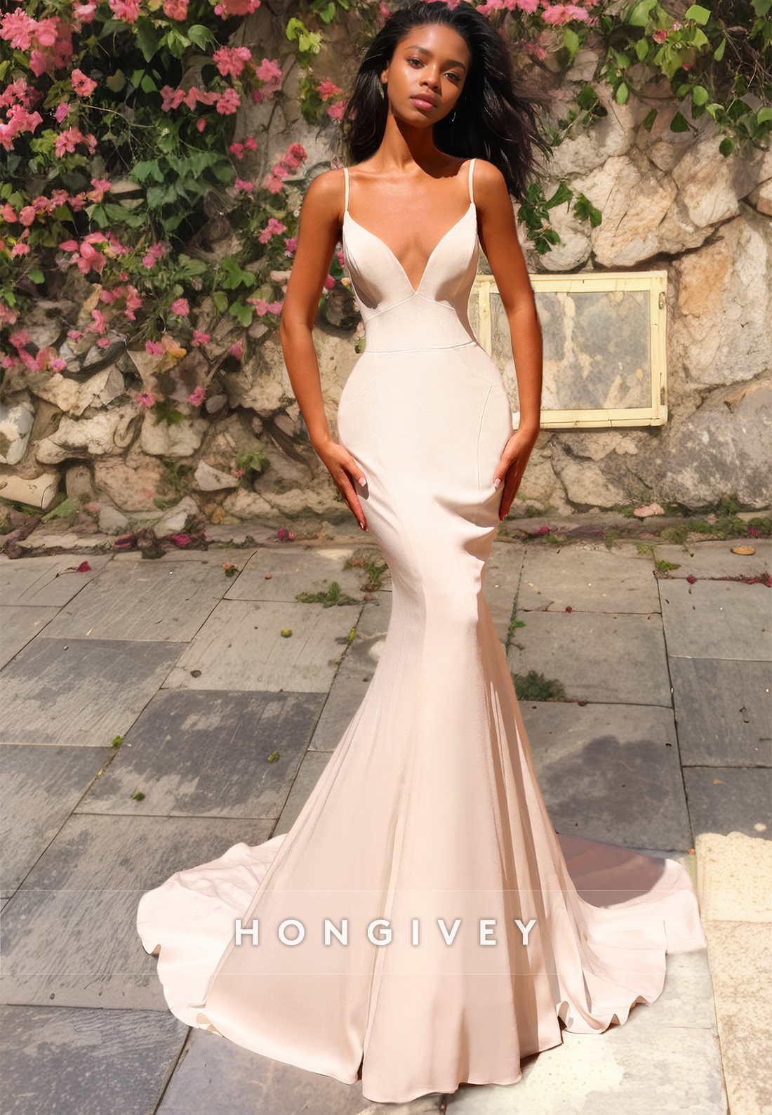 Vneck Spaghetti Straps Trumpet Beach Wedding Dress