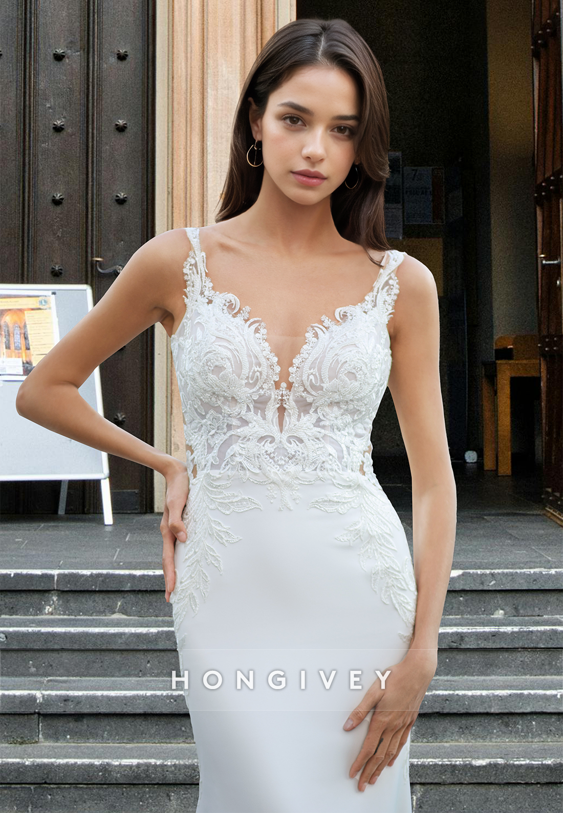 Sexy Open Back Mermaid Spaghetti Straps Applique Train Satin Wedding Dress