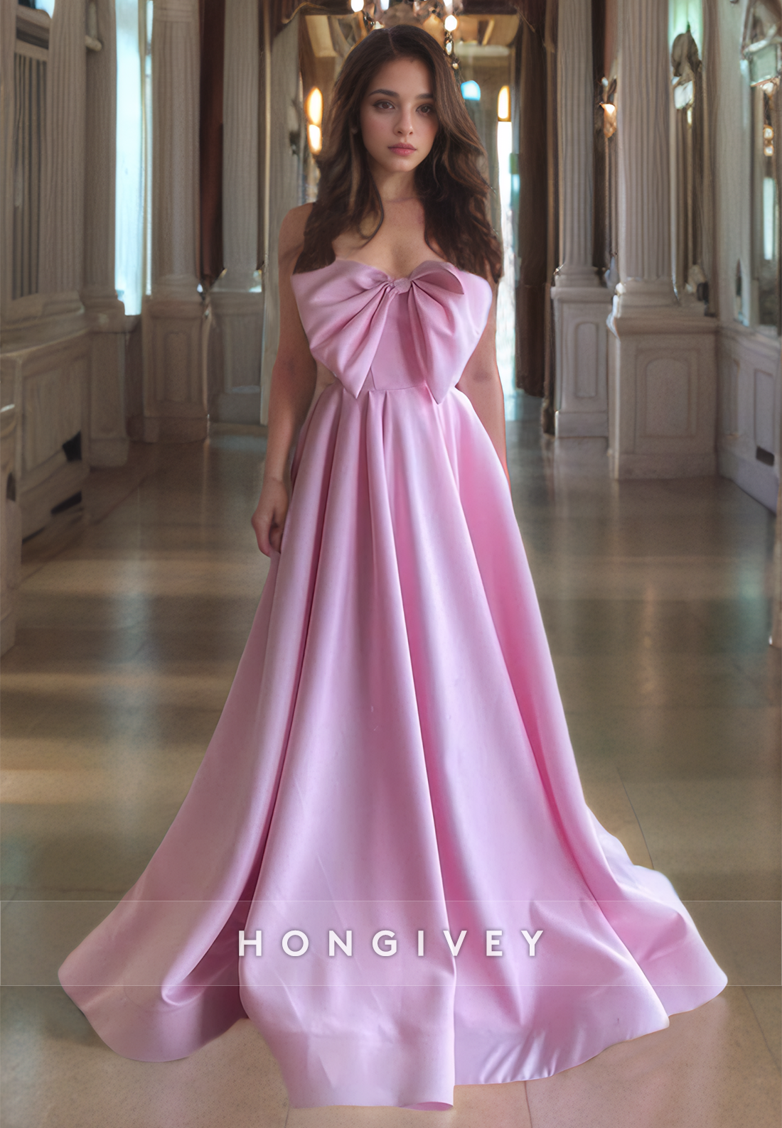 Candy Pink Bow Aline Prom Dress Draped Graceful Floor Length Strapless Quinceanera Dresses