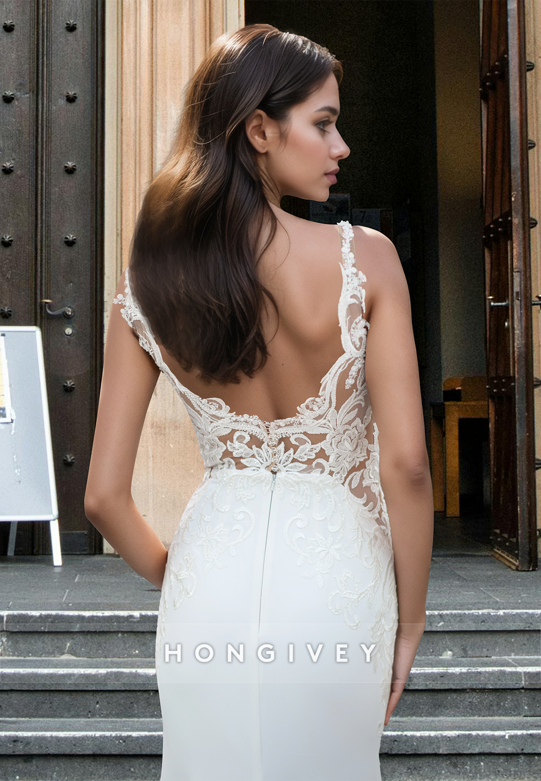 Sexy Open Back Mermaid Spaghetti Straps Applique Train Satin Wedding Dress