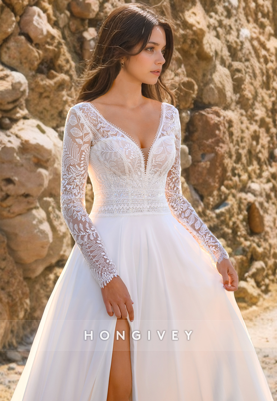 Elegant Aline Vneck Long Sleeve With Side Slit Boho Wedding Dress