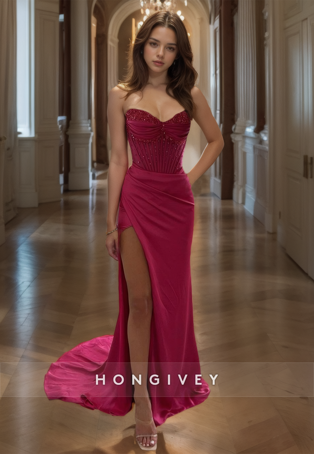 Sexy Beaded Sweetheart Aline Formal Evening Dress With Train Fuchsia Prom Gown