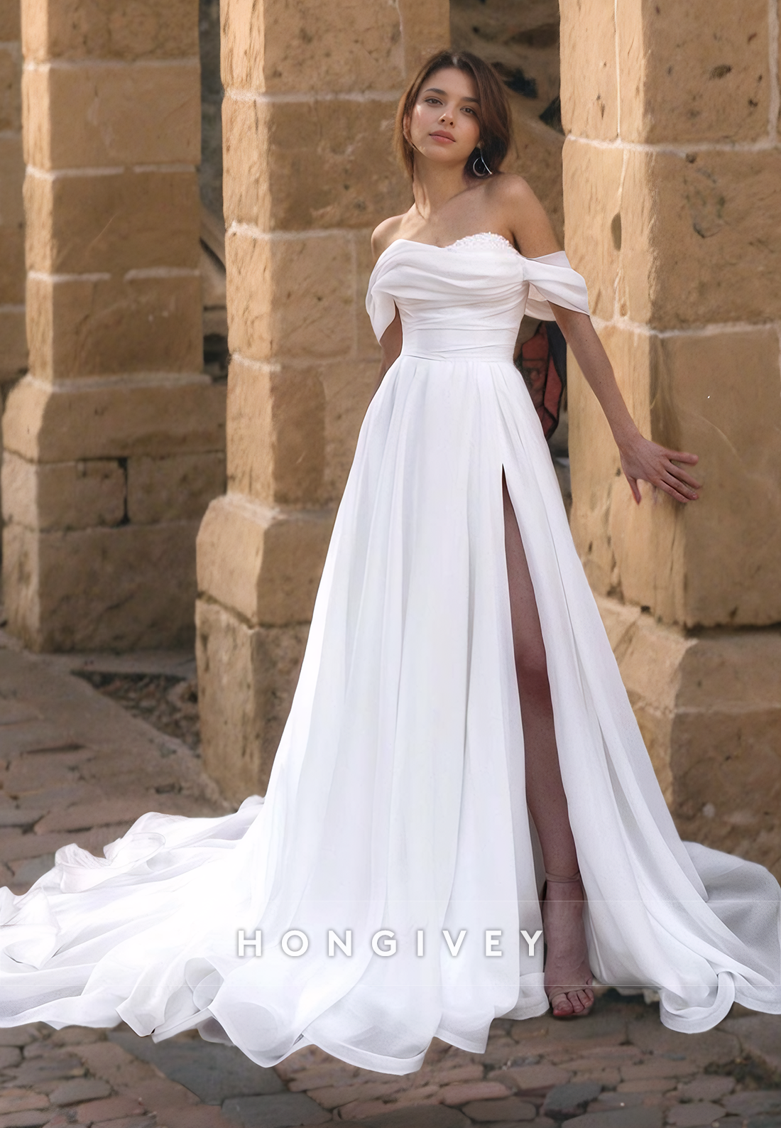 Offshoulder Tulle Aline Side Slit Wedding Dress With Train Bride Gown