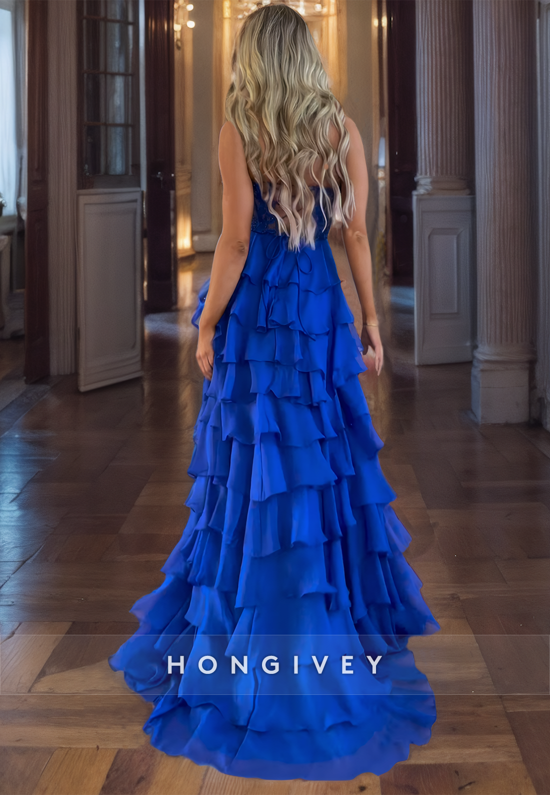 Glitter Tiered Strapless Royal Blue Aline Prom Dress Party Gown Floorlength