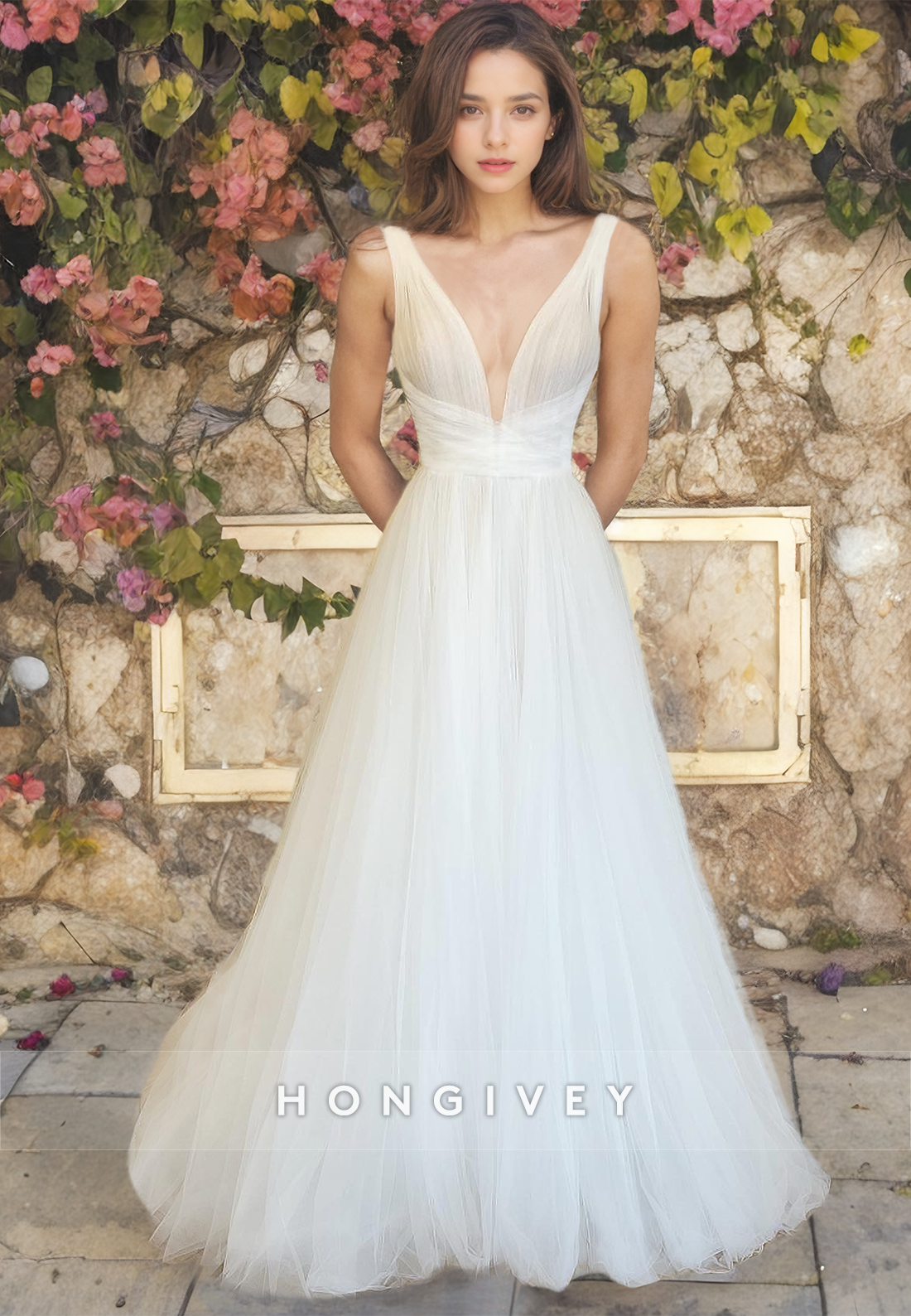 Tulle Aline Vneck Sleeveless Beach Wedding Dress