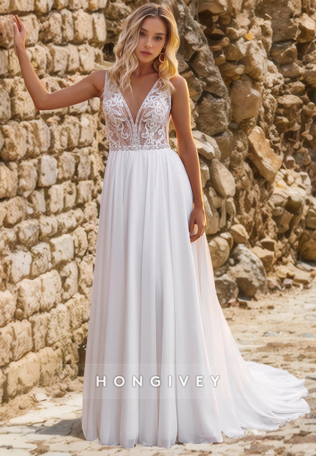 Aline Sleeveless Sheer Appliques Beaded With Train Beach Wedding Dress