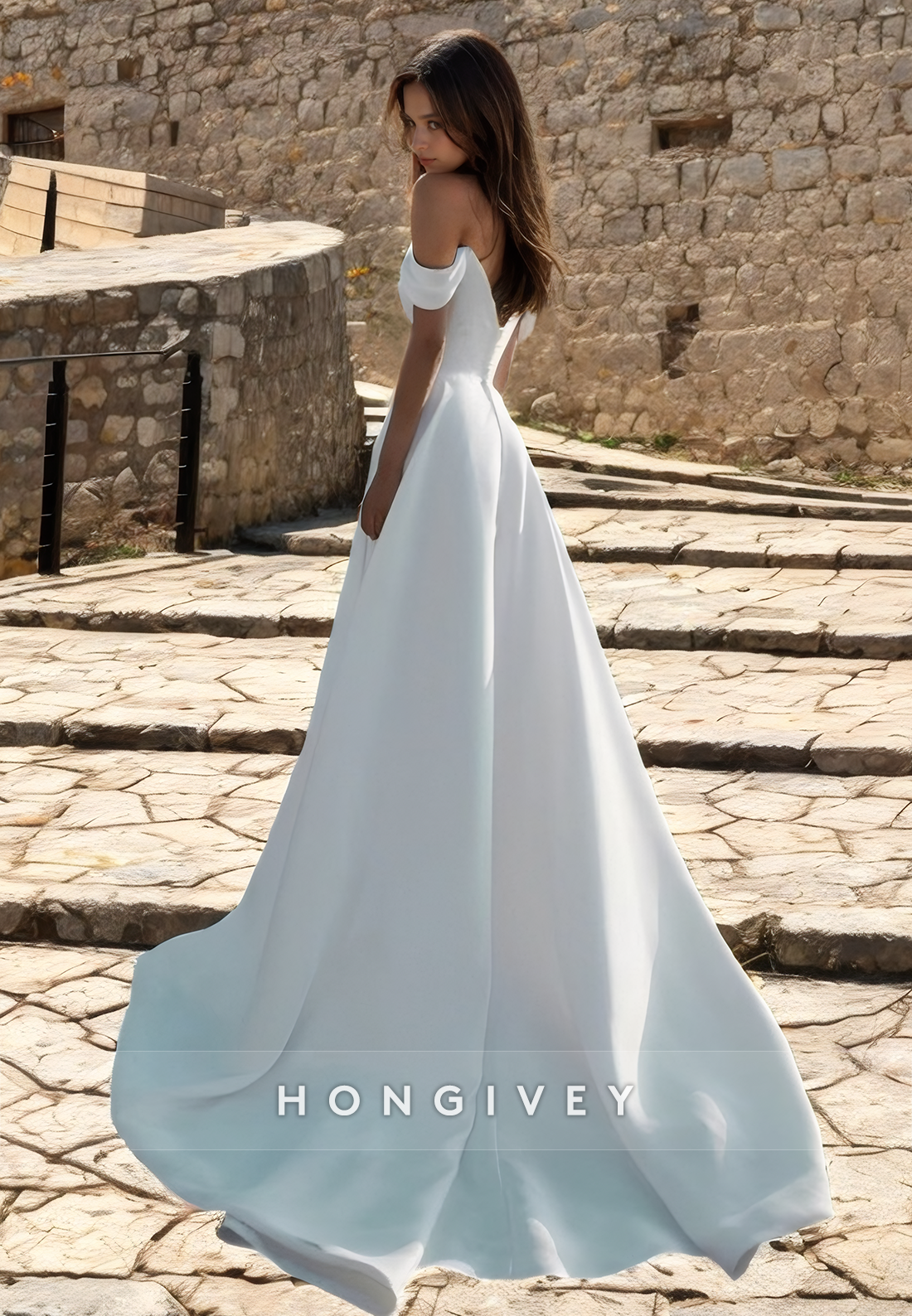 Casual Offshoulder Empirealine With Side Slit Wedding Dress