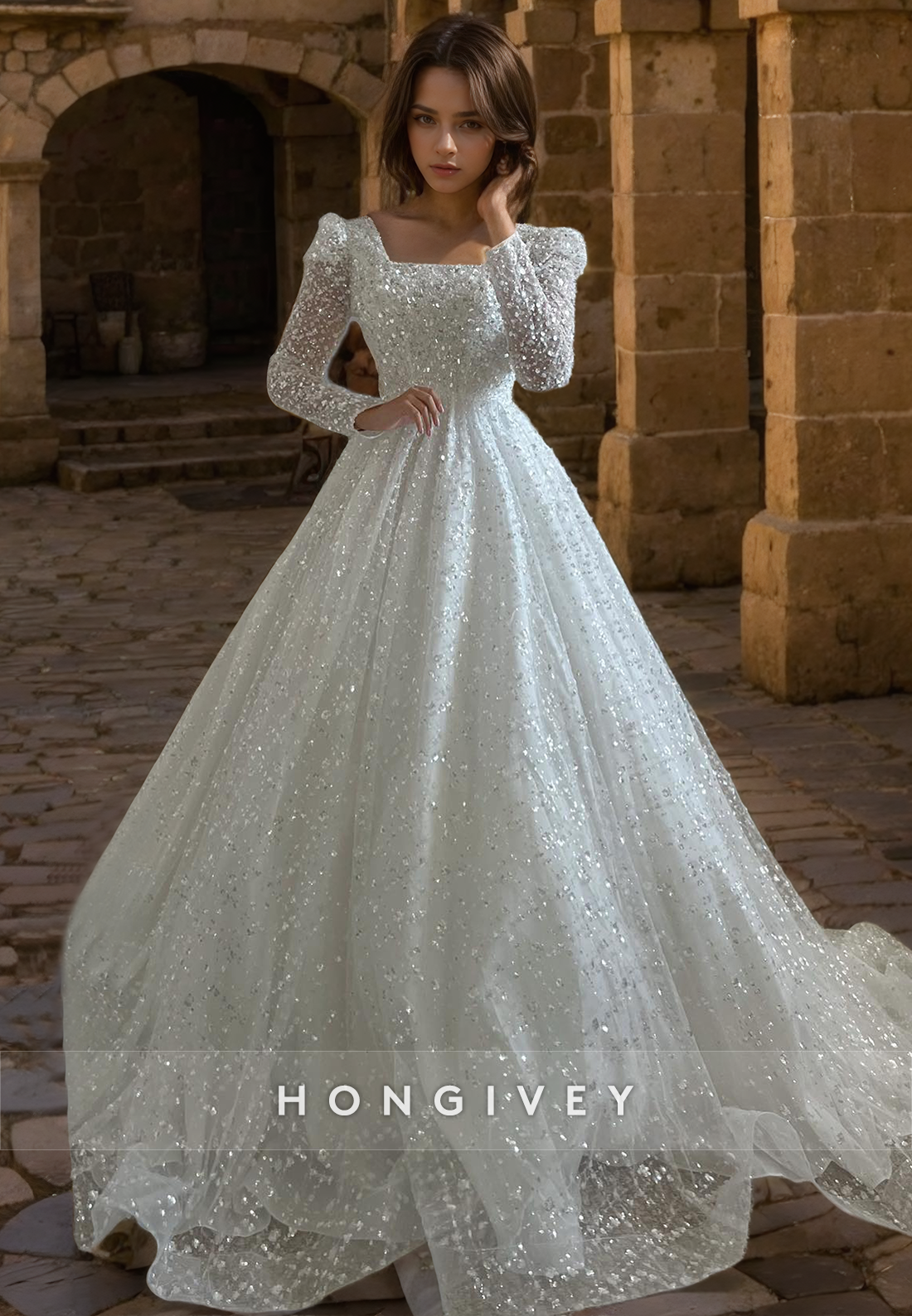 Glitter Tulle Aline Square Long Sleeve With Train Wedding Dress