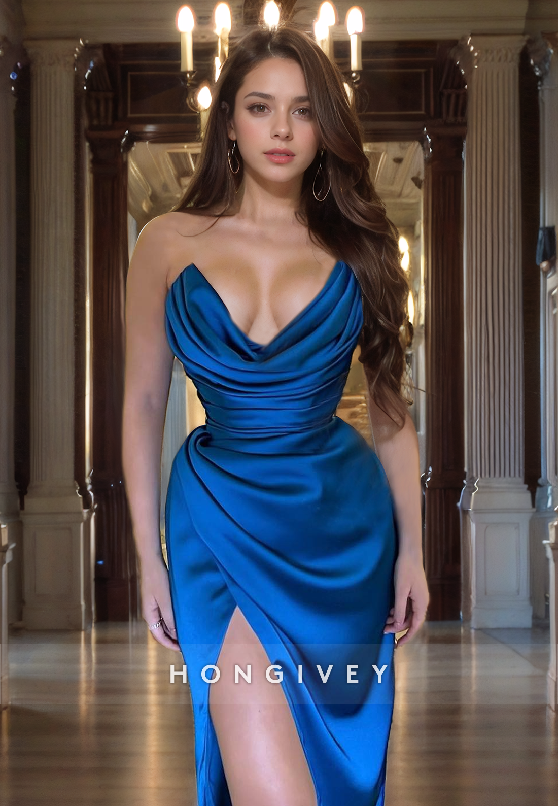 Sexy Ruched Sleeveless Satin Classic Vneck Evening Dress