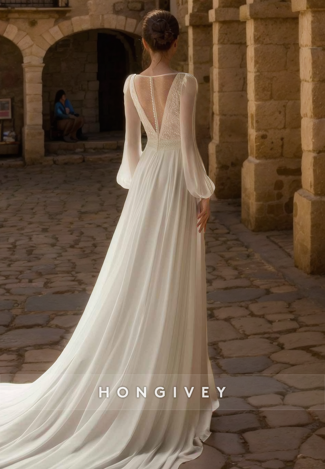 Casual Aline Vneck Long Sleeve With Side Slit Sheer Wedding Dress