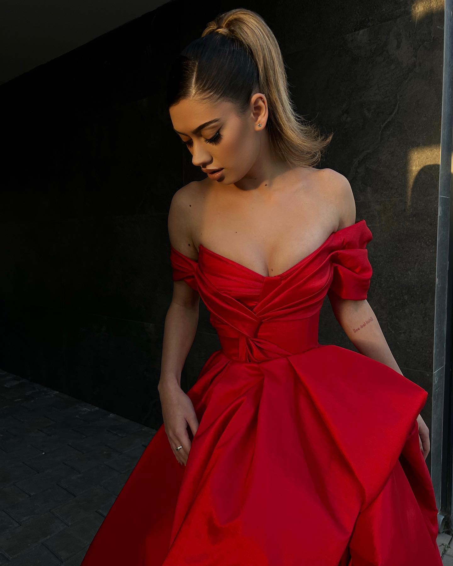 Simple Satin Aline Offshoulder Empire With Side Slit Long Prom Dress