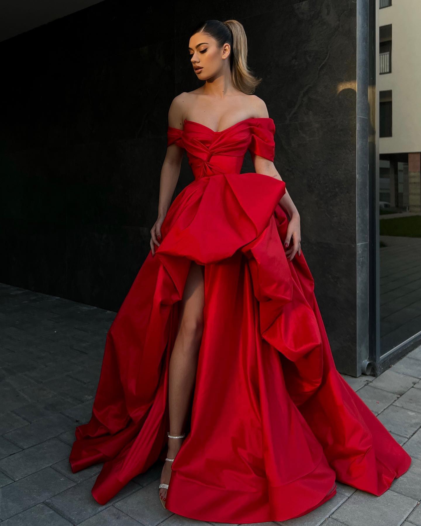 Simple Satin Aline Offshoulder Empire With Side Slit Long Prom Dress