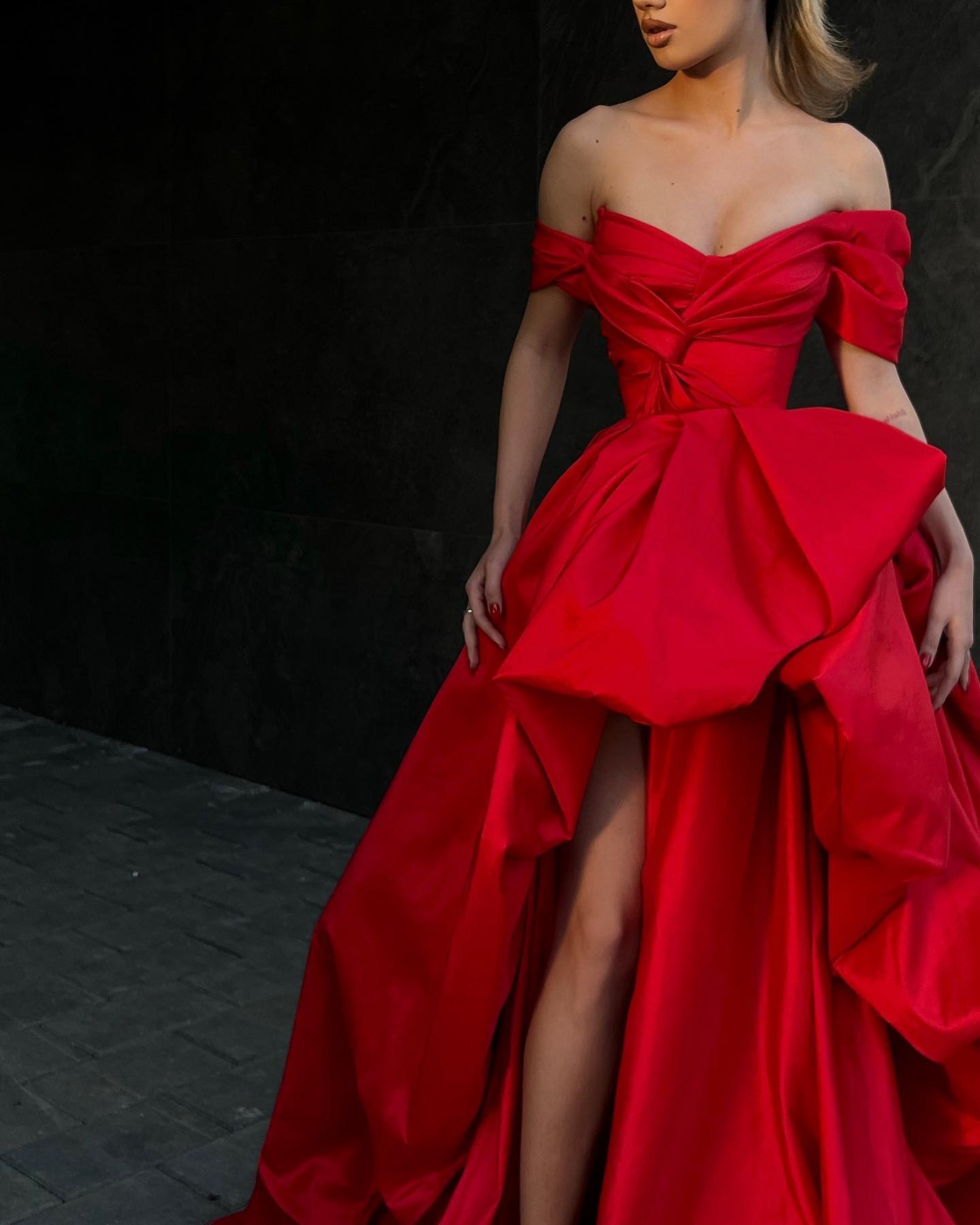 Simple Satin Aline Offshoulder Empire With Side Slit Long Prom Dress