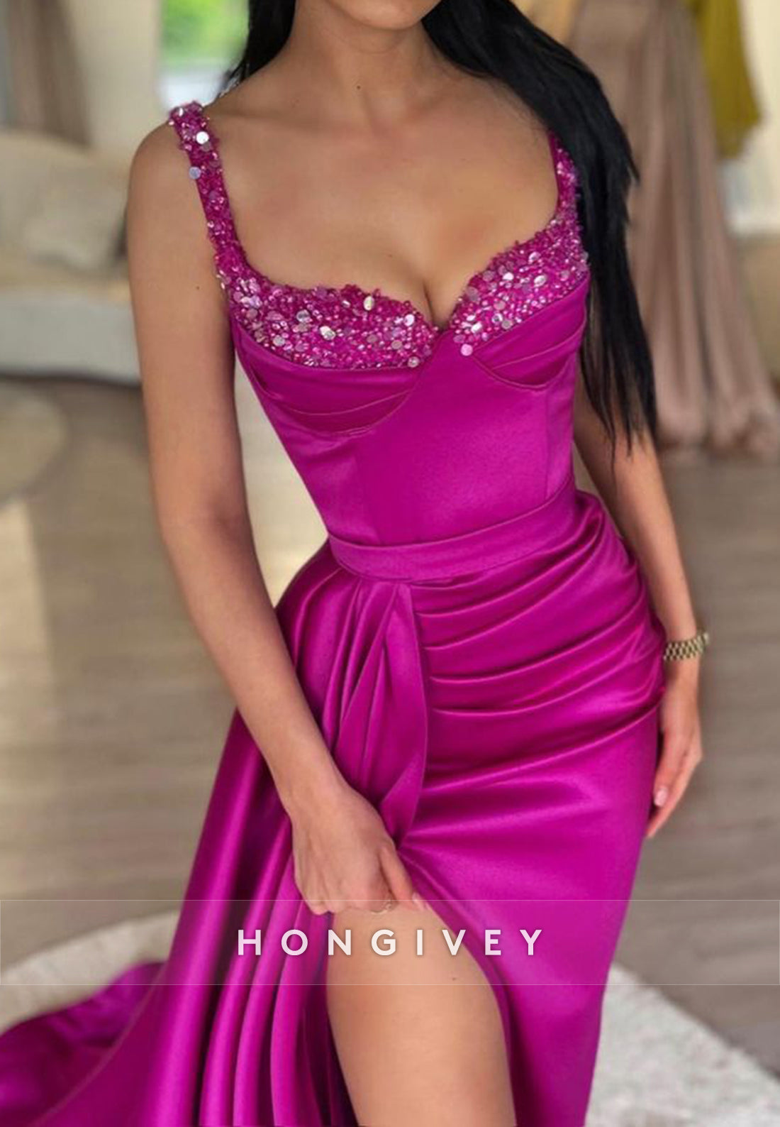 L Sexy Satin Sweetheart Spaghetti Straps Sequined Ruched Embellished With Train Party Prom Evening Dress