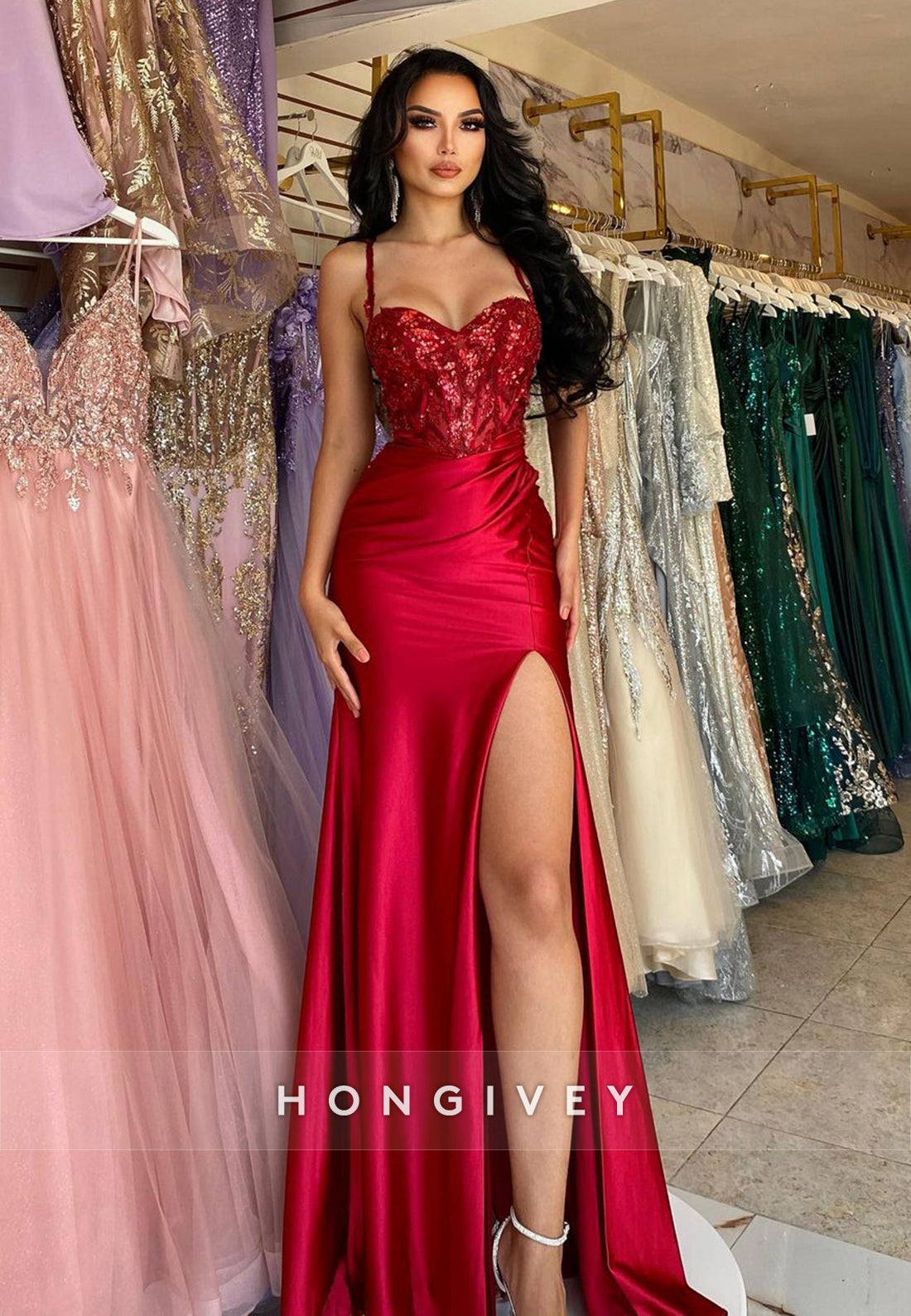 L Sexy Red Sweetheart Spaghetti Straps Sequins With Side Slit Party Prom Evening Dress