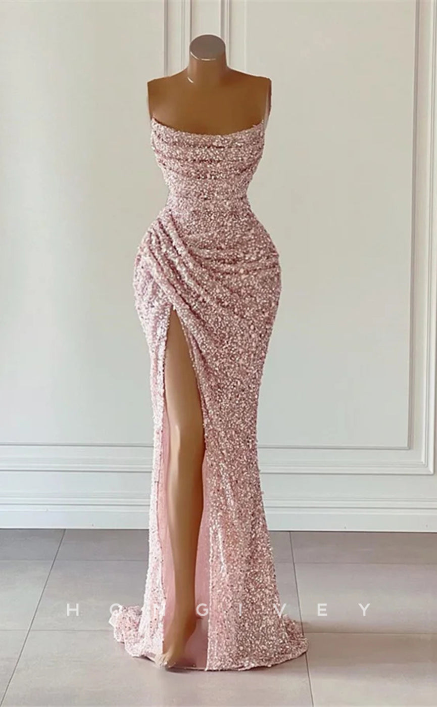 L Sexy Glitter Fitted Bateau Strapless Ruched Sequined With Side Slit Train Party Prom Evening Dress