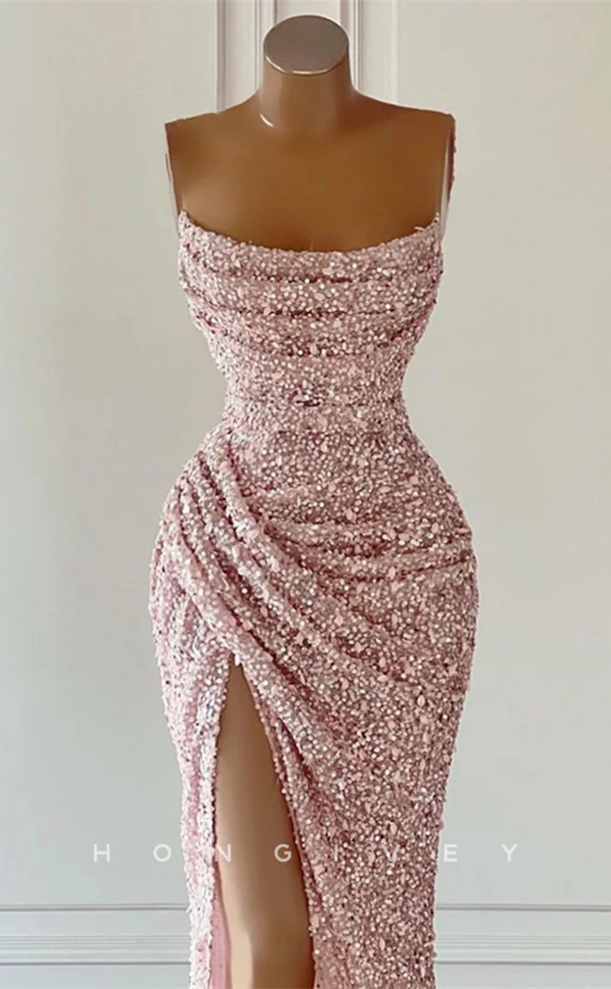 L Sexy Glitter Fitted Bateau Strapless Ruched Sequined With Side Slit Train Party Prom Evening Dress