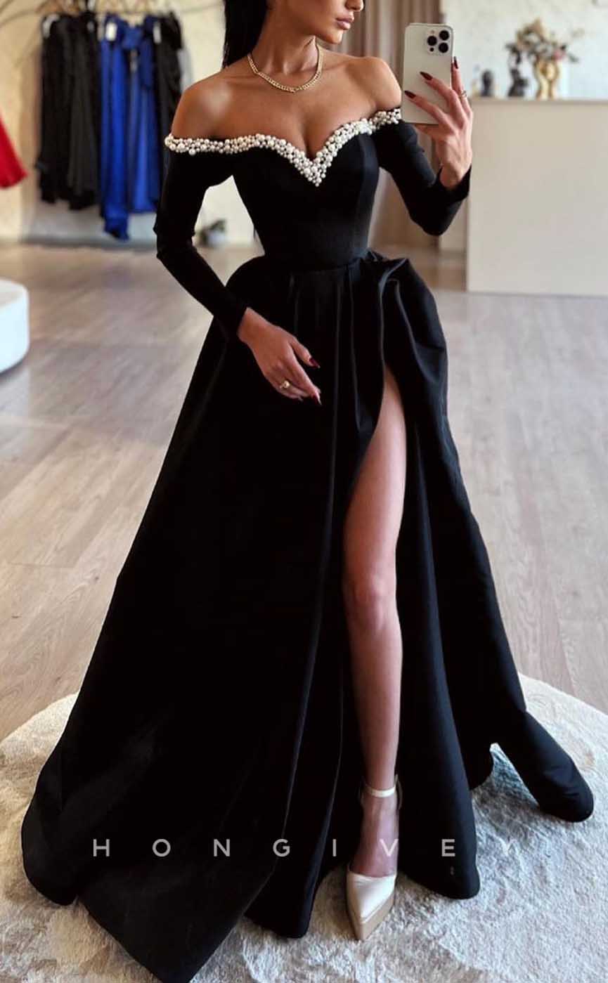 L Sexy Satin Aline Offshoulder Long Sleeve Empire Beaded With Side Slit Party Prom Evening Dress