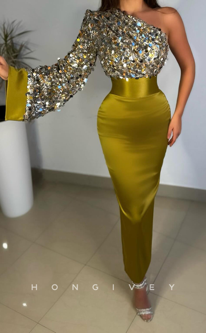 L Sexy Satin Fitted Glitter One Shoulder With Long Bell Sleeves Sequined Empire Party Prom Evening Dress