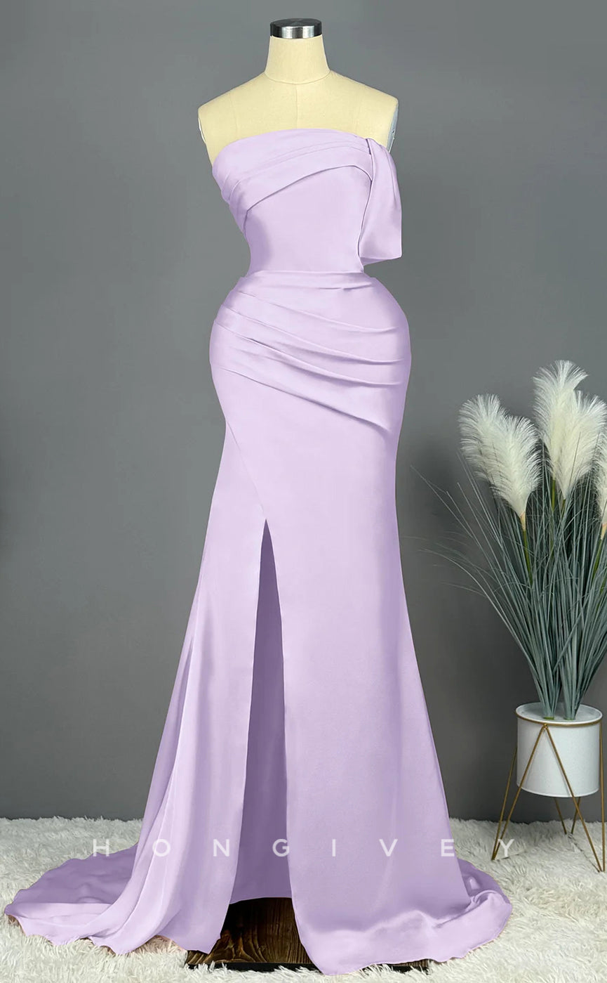 L Sexy Satin Trumpet One Shoulder Empire Ruched With Side Slit Train Party Prom Evening Dress