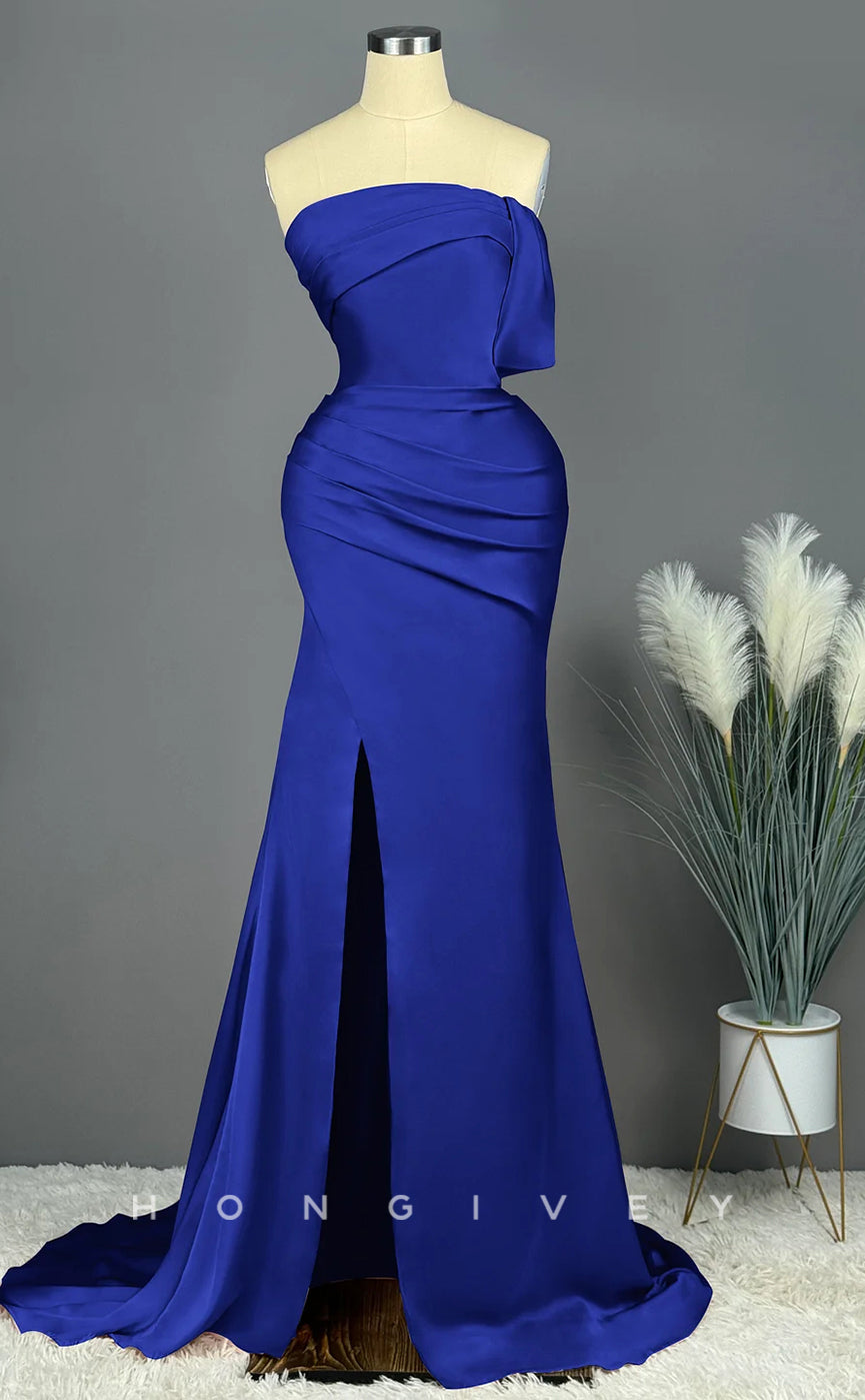 L Sexy Satin Trumpet One Shoulder Empire Ruched With Side Slit Train Party Prom Evening Dress