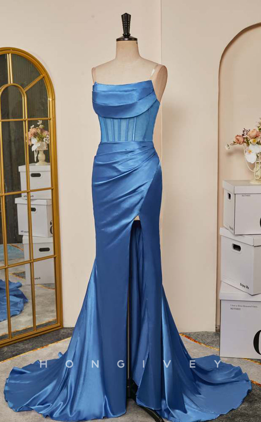 L Sexy Satin Trumpet Bateau Strapless Empire Pleats With Side Slit Train Party Prom Evening Dress